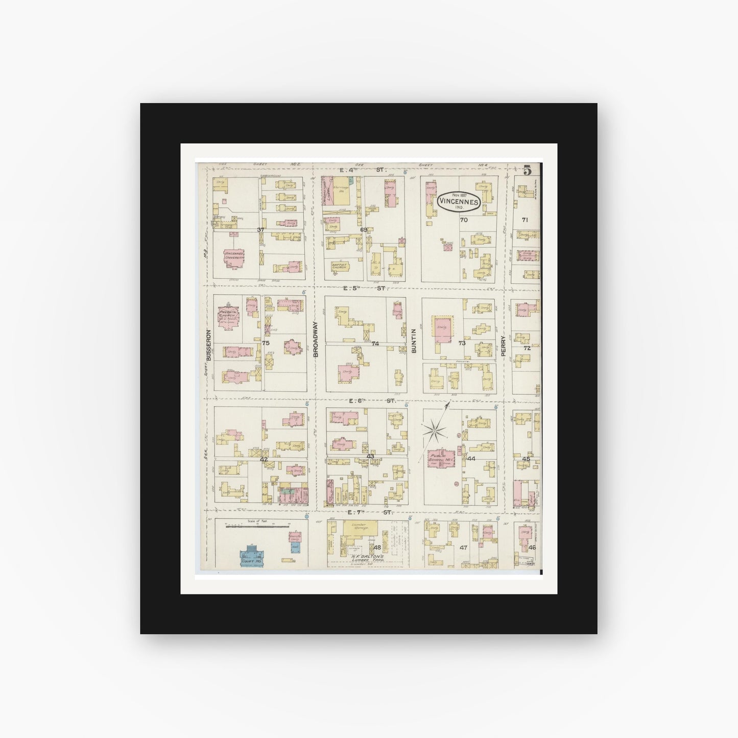Old map wall art mockup — black gallery frame with white mat — Sanborn Fire Insurance Map from Vincennes, Knox County, Indiana (1887), Sheet #0005