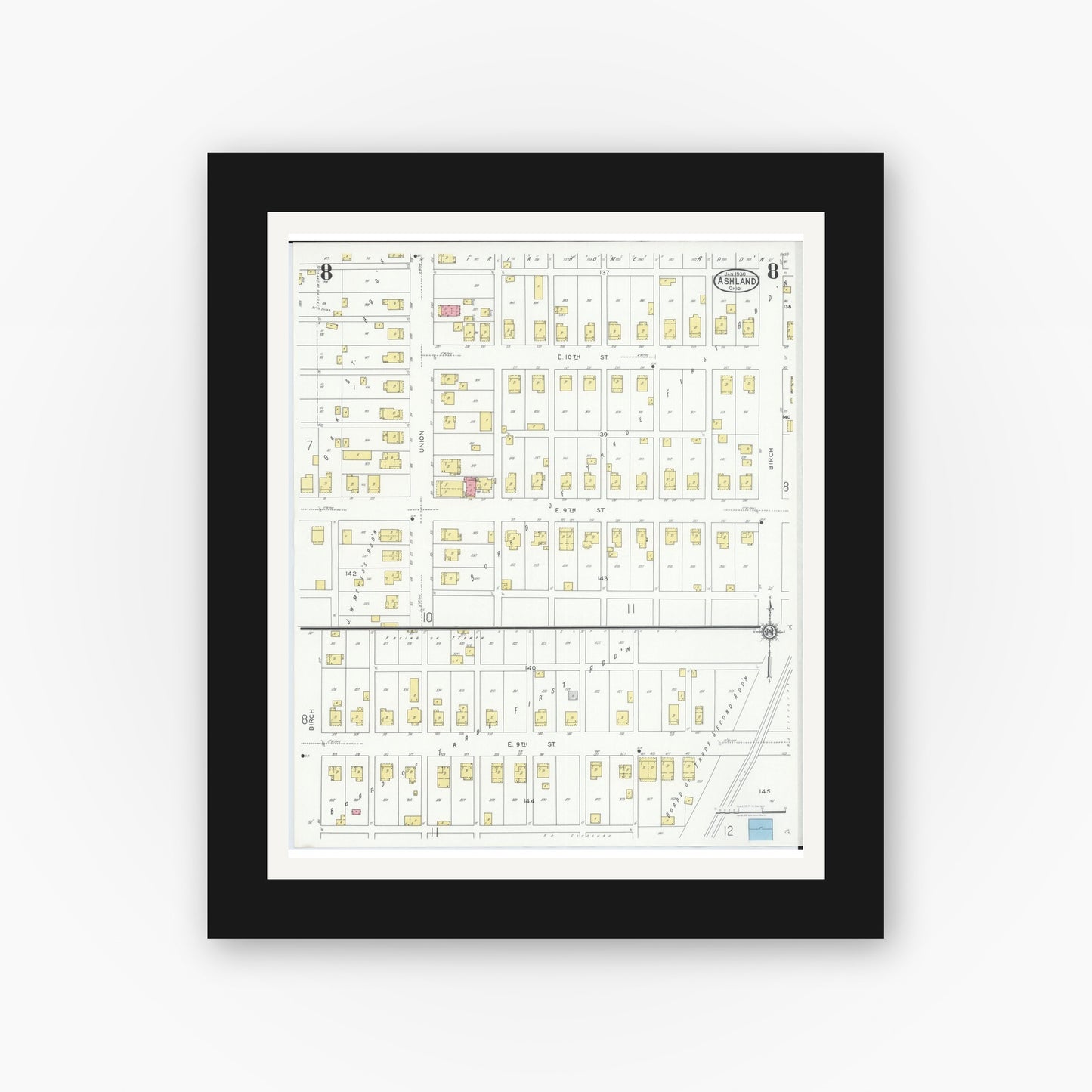 Old map wall art mockup — black gallery frame with white mat — Sanborn Fire Insurance Map from Ashland, Ashland County, Ohio (1930), Sheet #0008