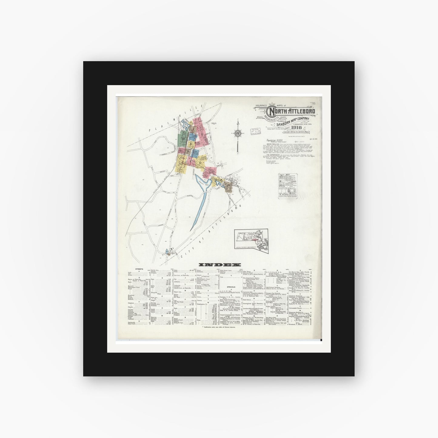 Old map wall art mockup — black gallery frame with white mat — Sanborn Fire Insurance Map from North Attleborough, Bristol County, Massachusetts (1916), Sheet #0001