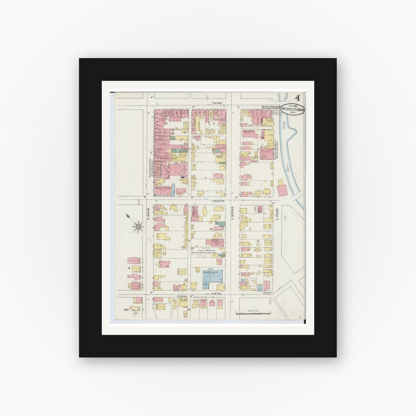 Old map wall art mockup — black gallery frame with white mat — Sanborn Fire Insurance Map from Middletown, Butler County, Ohio (1895), Sheet #0004