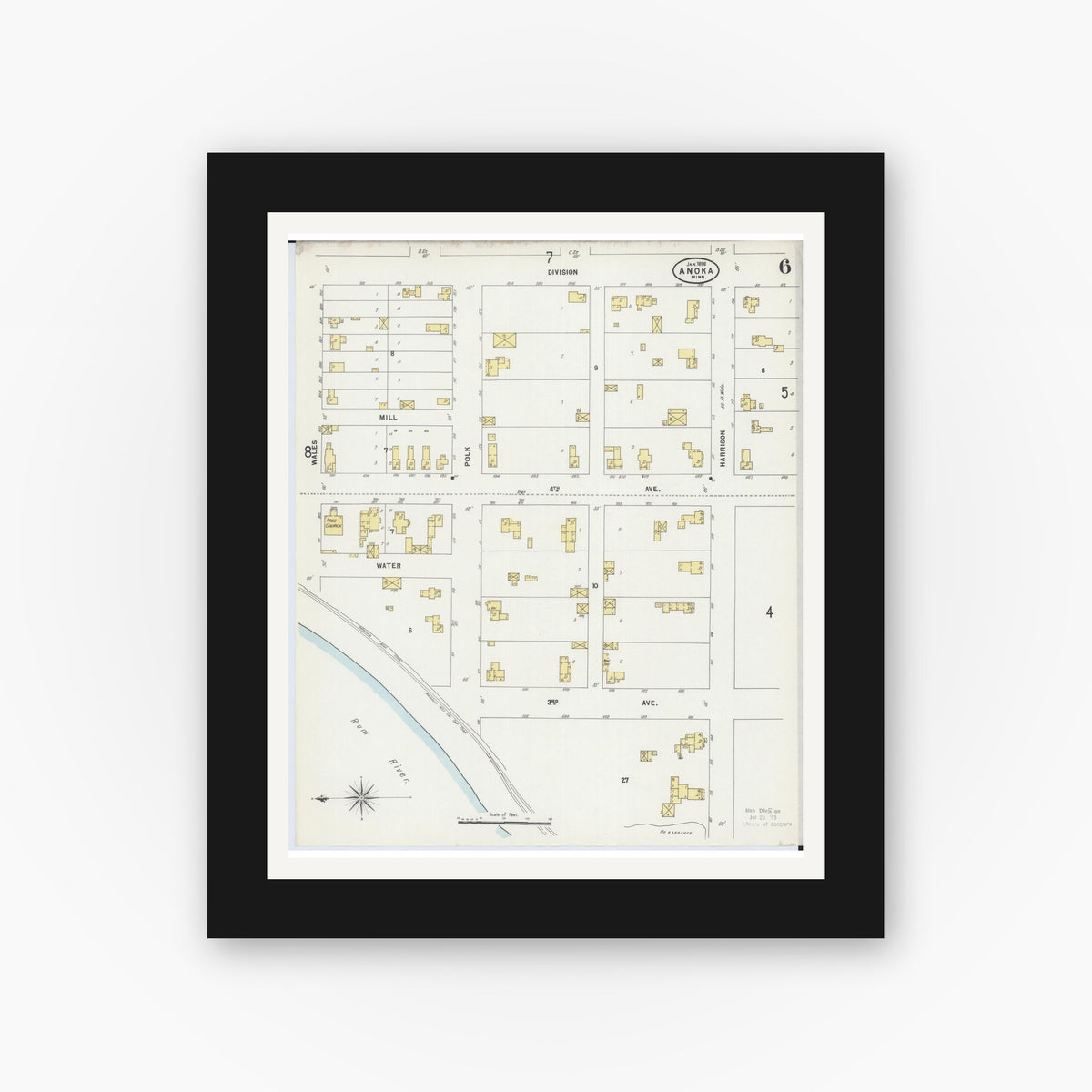 Old map wall art mockup — black gallery frame with white mat — Sanborn Fire Insurance Map from Anoka, Anoka County, Minnesota (1898), Sheet #0006