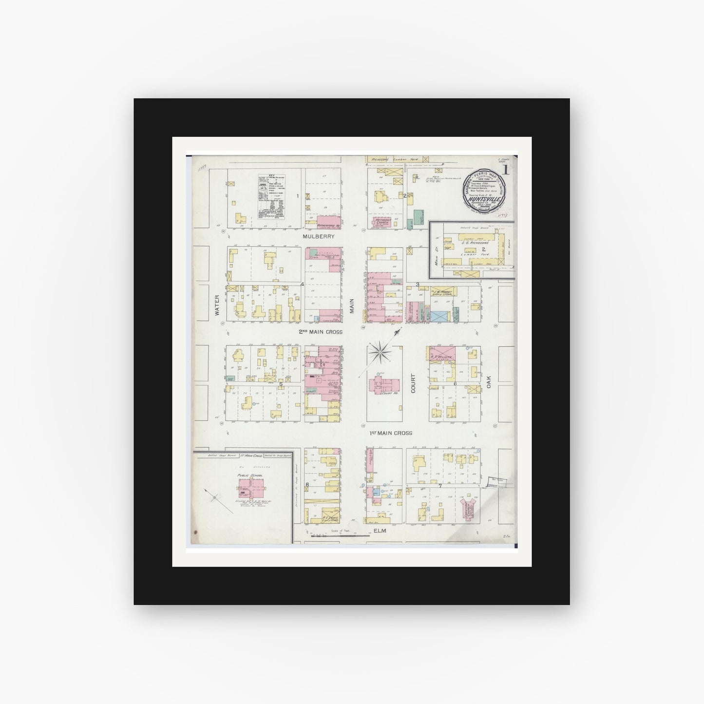 Old map wall art mockup — black gallery frame with white mat — Sanborn Fire Insurance Map from Huntsville, Randolph County, Missouri (1893) - Complete Map Set