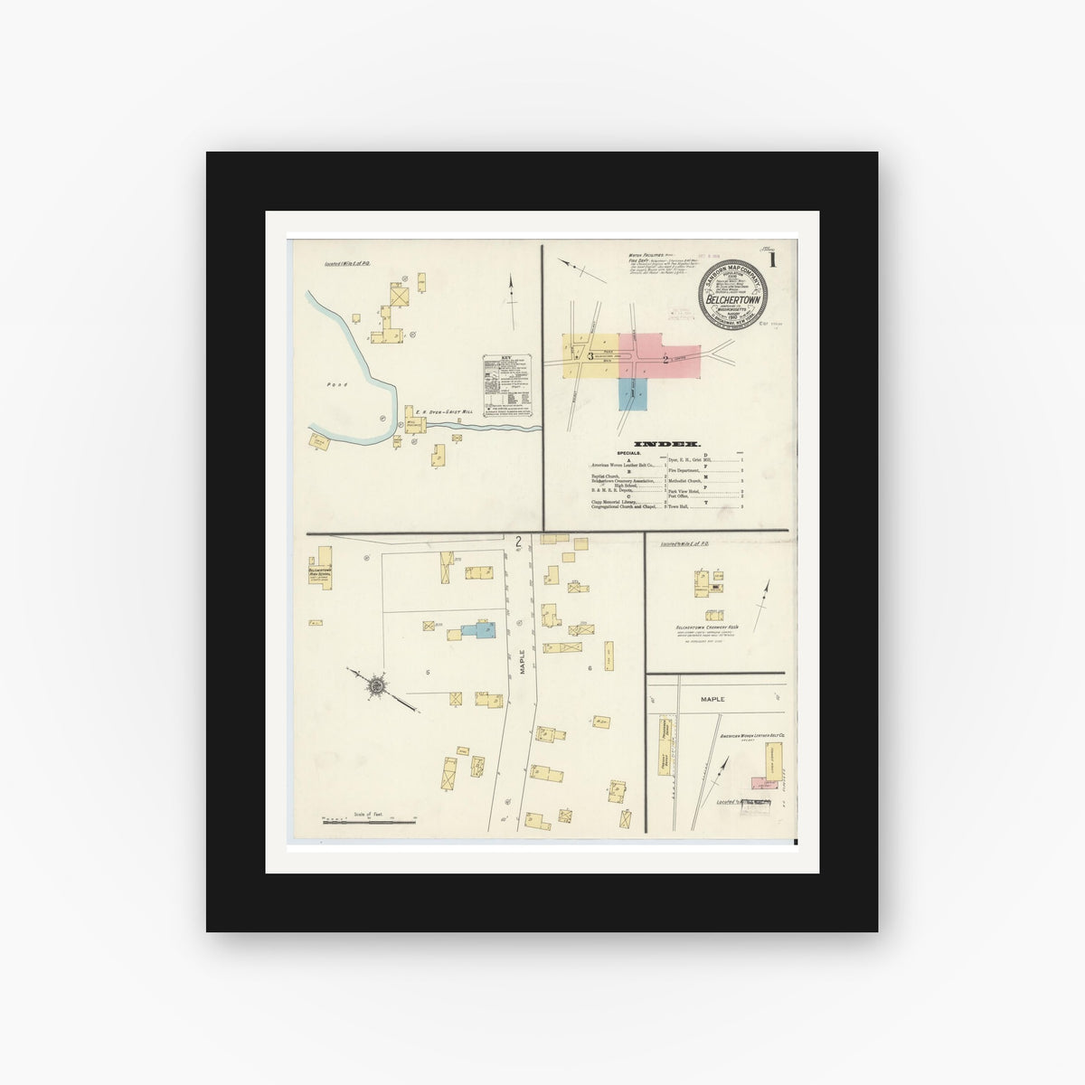 Old map wall art mockup — black gallery frame with white mat — Sanborn Fire Insurance Map from Belchertown, Hampshire County, Massachusetts (1910) - Complete Map Set