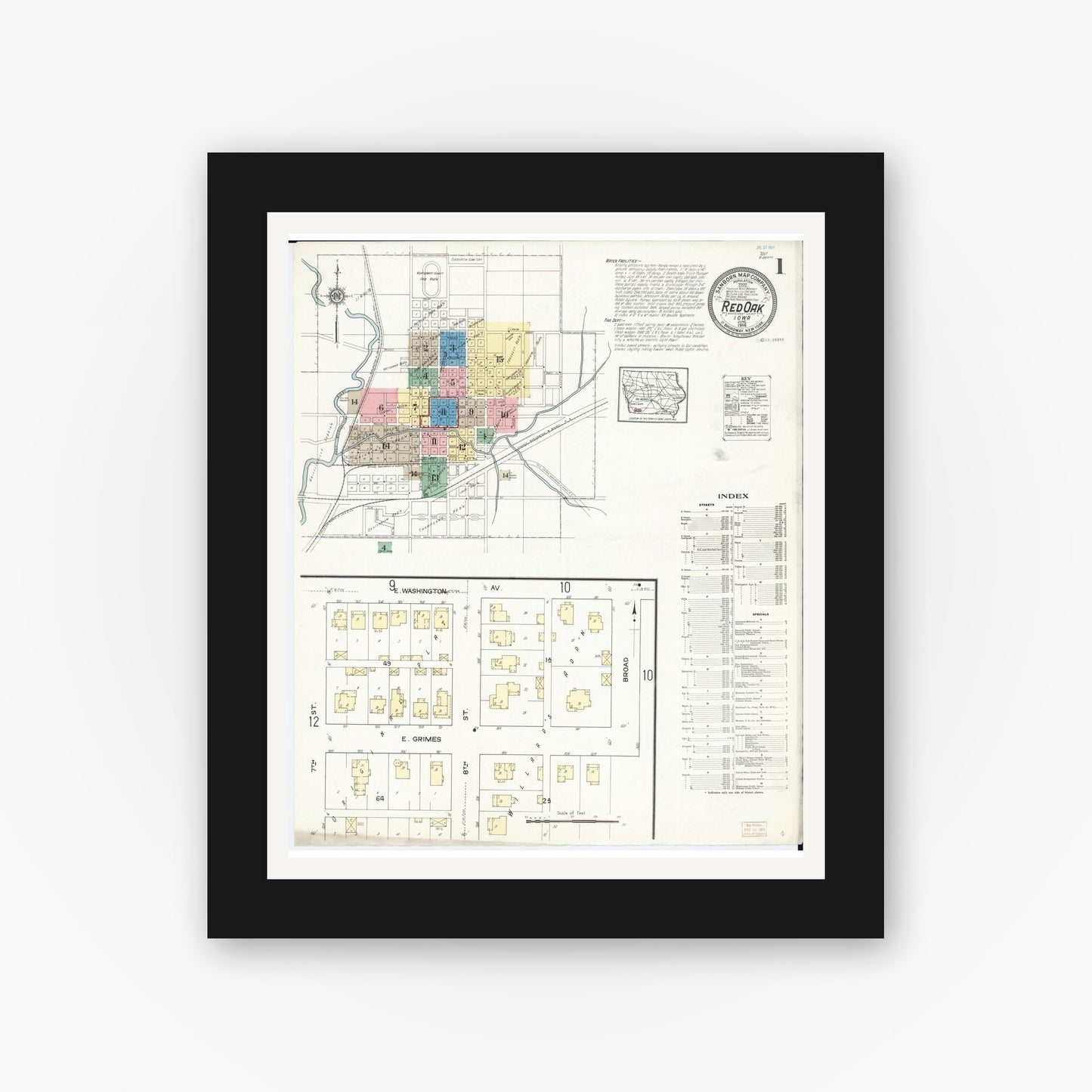 Old map wall art mockup — black gallery frame with white mat — Sanborn Fire Insurance Map from Red Oak, Montgomery County, Iowa (1914), Sheet #0001