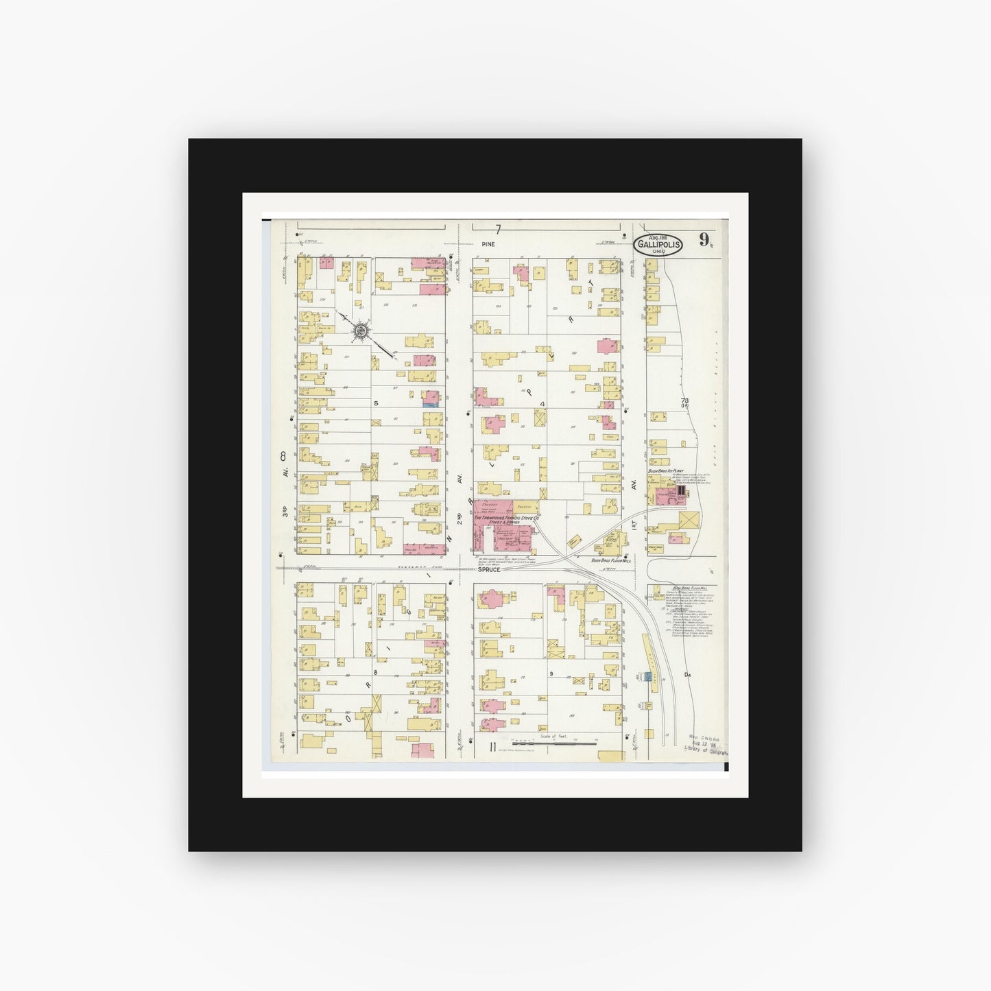 Old map wall art mockup — black gallery frame with white mat — Sanborn Fire Insurance Map from Gallipolis, Gallia County, Ohio (1916), Sheet #0009