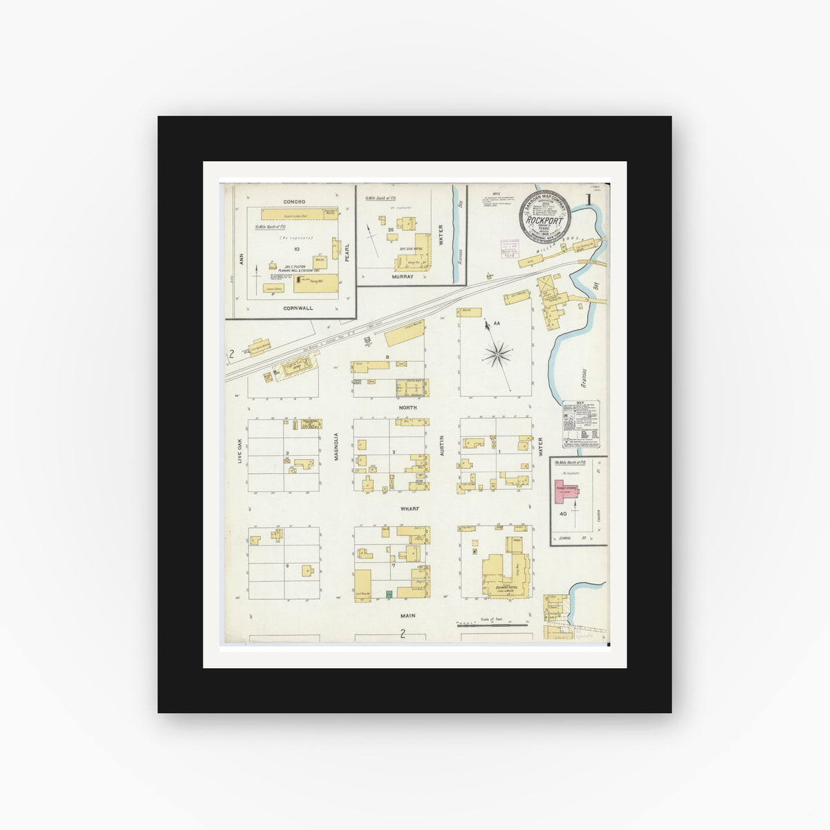 Old map wall art mockup — black gallery frame with white mat — Sanborn Fire Insurance Map from Rockport, Aransas County, Texas (1906), Sheet #0001