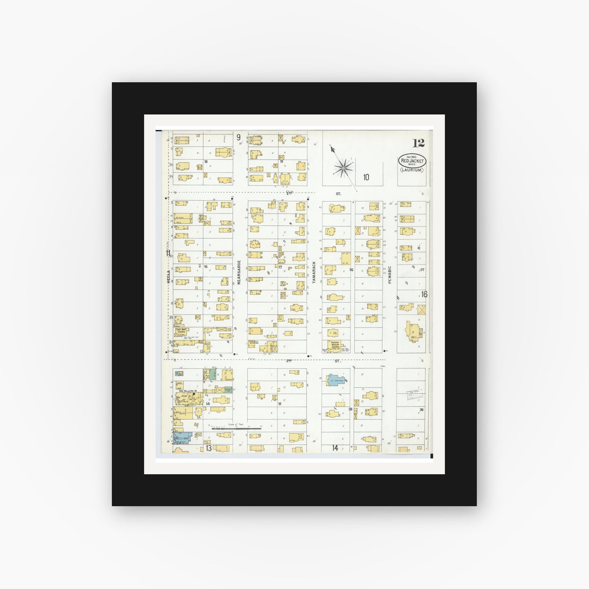 Old map wall art mockup — black gallery frame with white mat — Sanborn Fire Insurance Map from Red Jacket, Houghton County, Michigan (1900), Sheet #0012