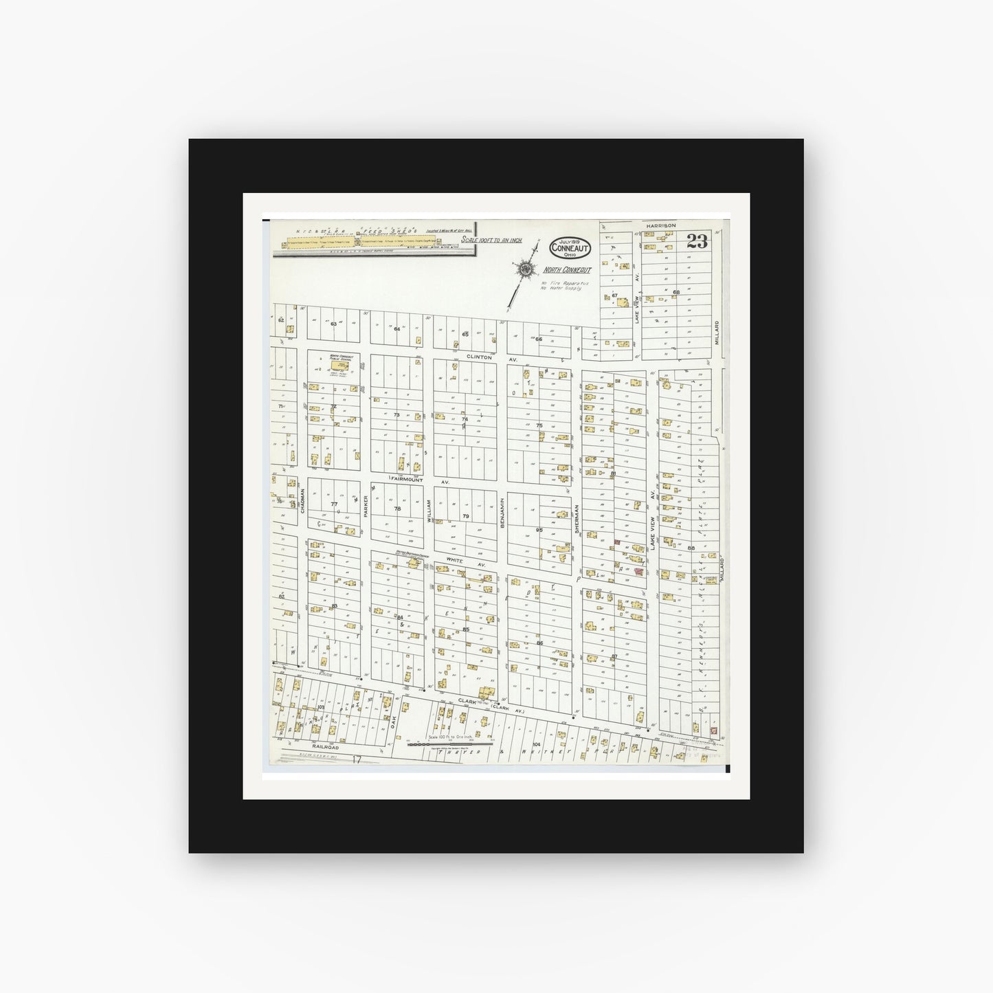 Old map wall art mockup — black gallery frame with white mat — Sanborn Fire Insurance Map from Conneaut, Ashtabula County, Ohio (1919), Sheet #0023