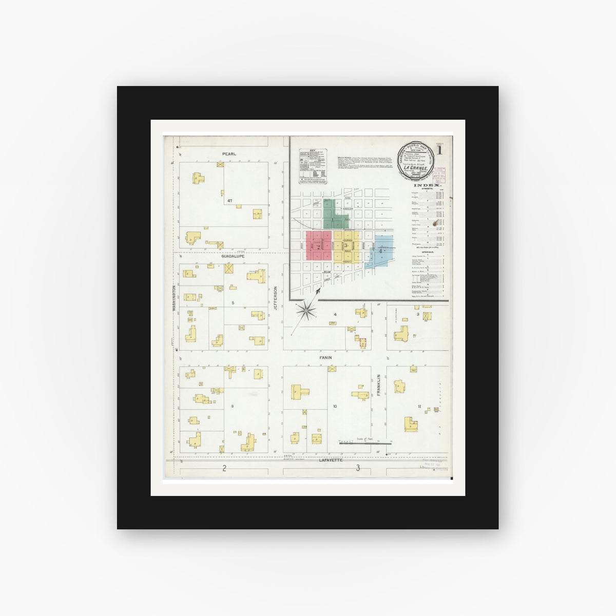 Old map wall art mockup — black gallery frame with white mat — Sanborn Fire Insurance Map from La Grange, Fayette County, Texas (1901) - Complete Map Set