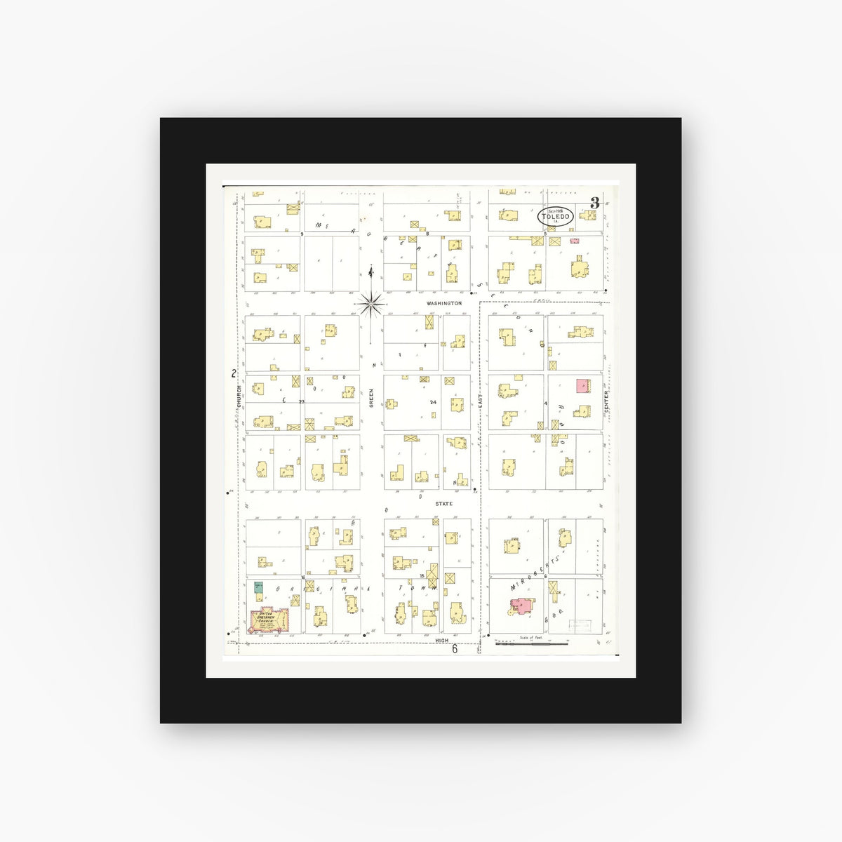 Old map wall art mockup — black gallery frame with white mat — Sanborn Fire Insurance Map from Toledo, Tama County, Iowa (1906), Sheet #0003