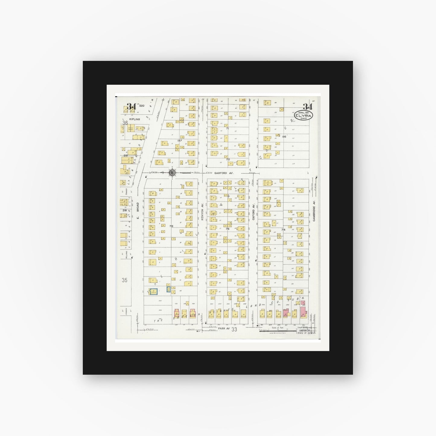 Old map wall art mockup — black gallery frame with white mat — Sanborn Fire Insurance Map from Elyria, Lorain County, Ohio (1925), Sheet #0034