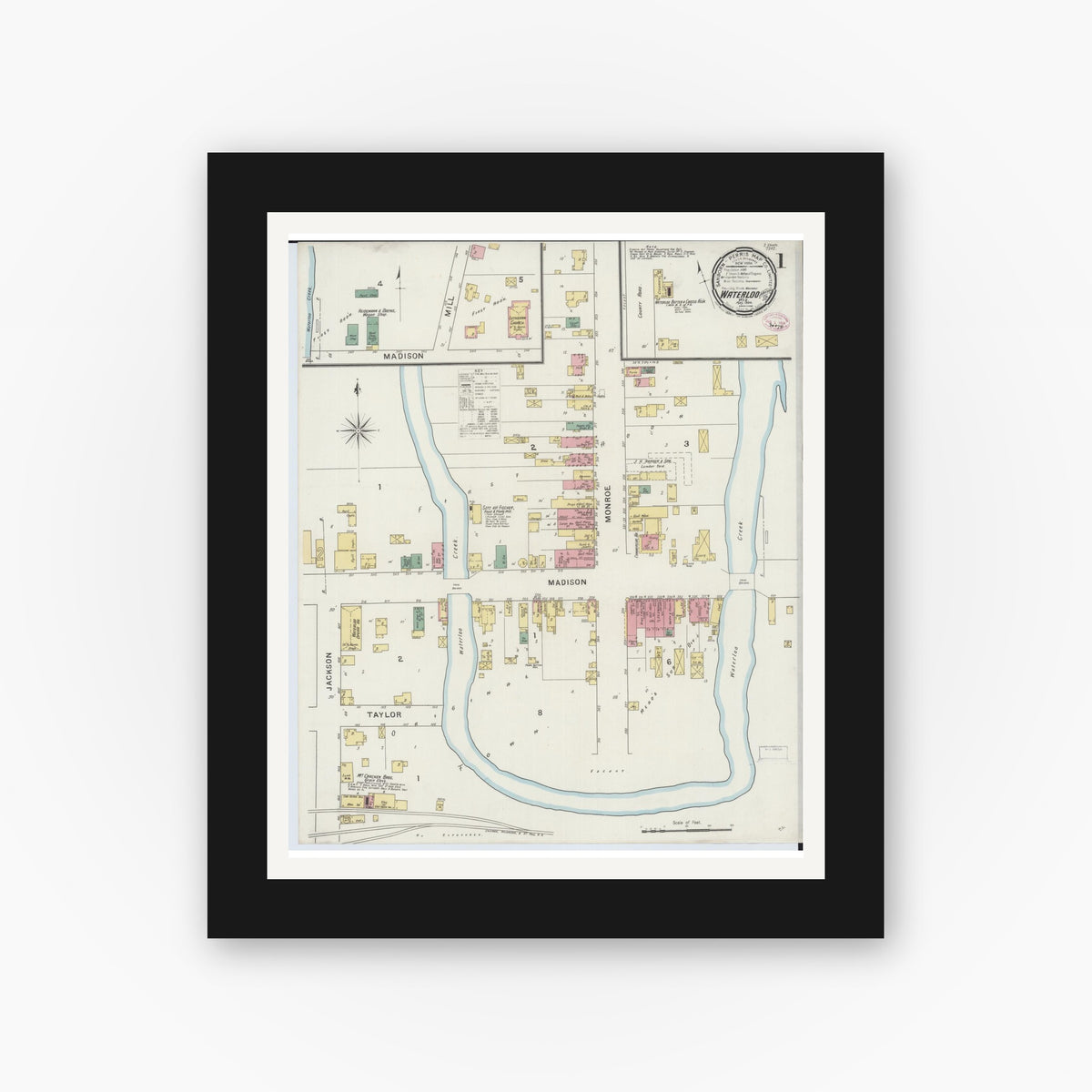 Old map wall art mockup — black gallery frame with white mat — Sanborn Fire Insurance Map from Waterloo, Jefferson County, Wisconsin (1894) - Complete Map Set
