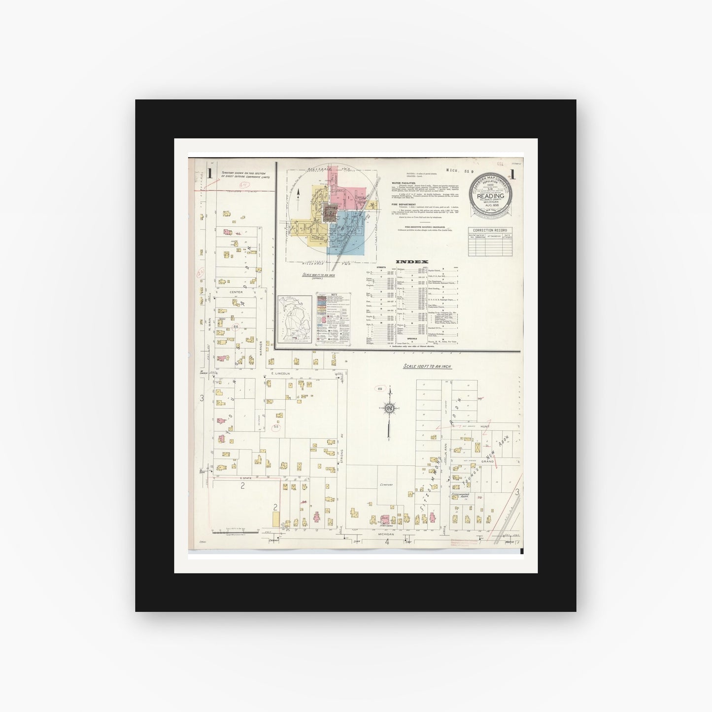Old map wall art mockup — black gallery frame with white mat — Sanborn Fire Insurance Map from Reading, Hillsdale County, Michigan (1938), Sheet #0001