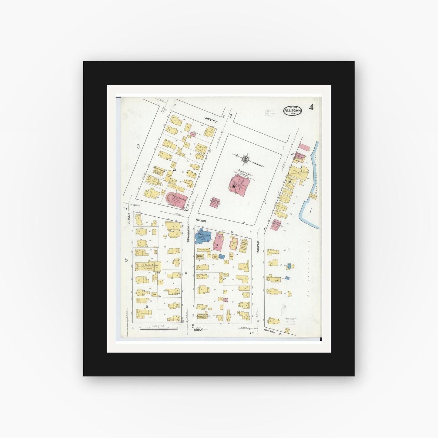 Old map wall art mockup — black gallery frame with white mat — Sanborn Fire Insurance Map from Allegan, Allegan County, Michigan (1918), Sheet #0004
