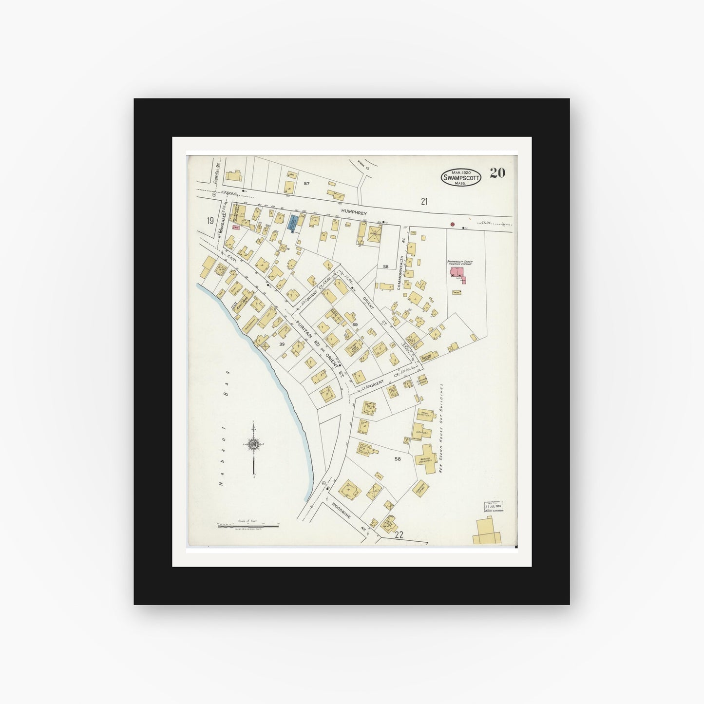 Old map wall art mockup — black gallery frame with white mat — Sanborn Fire Insurance Map from Swampscott, Essex County, Massachusetts (1920), Sheet #0020