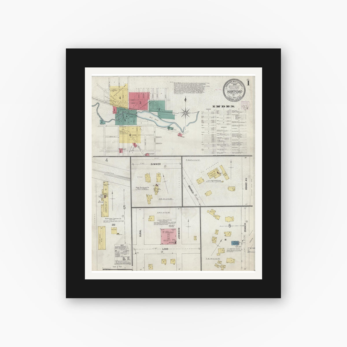 Old map wall art mockup — black gallery frame with white mat — Sanborn Fire Insurance Map from Hartford, Washington County, Wisconsin (1907) - Complete Map Set