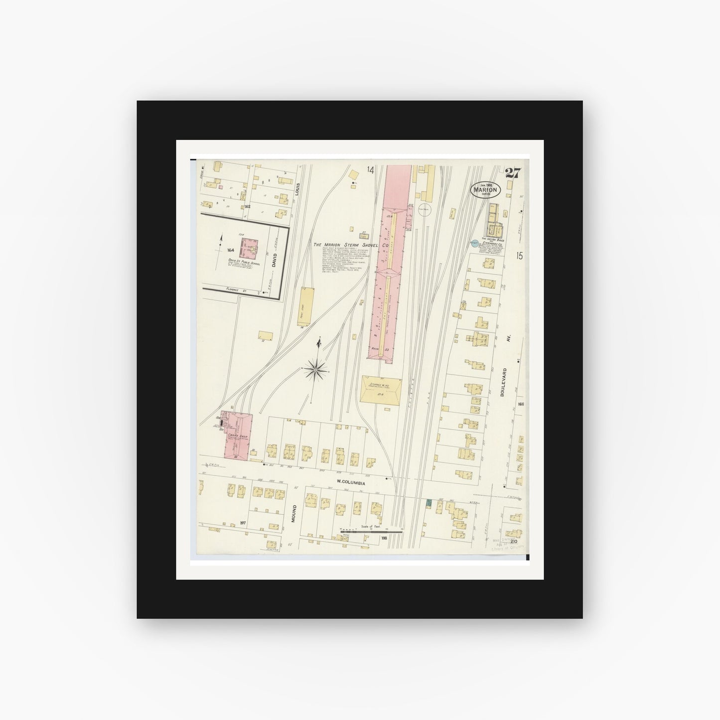 Old map wall art mockup — black gallery frame with white mat — Sanborn Fire Insurance Map from Marion, Marion County, Ohio (1908), Sheet #0027