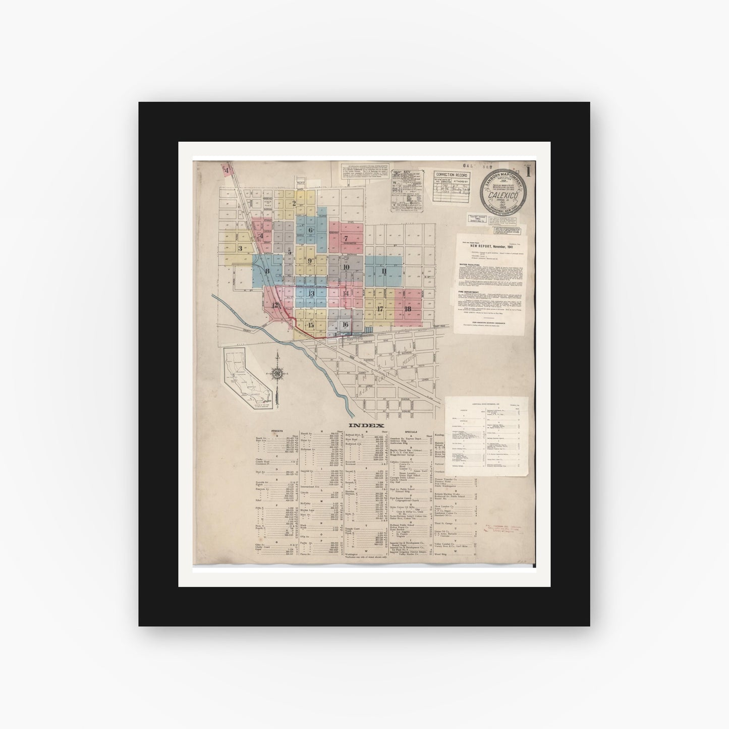 Old map wall art mockup — black gallery frame with white mat — Sanborn Fire Insurance Map from Calexico, Imperial County, California (1949), Sheet #0001
