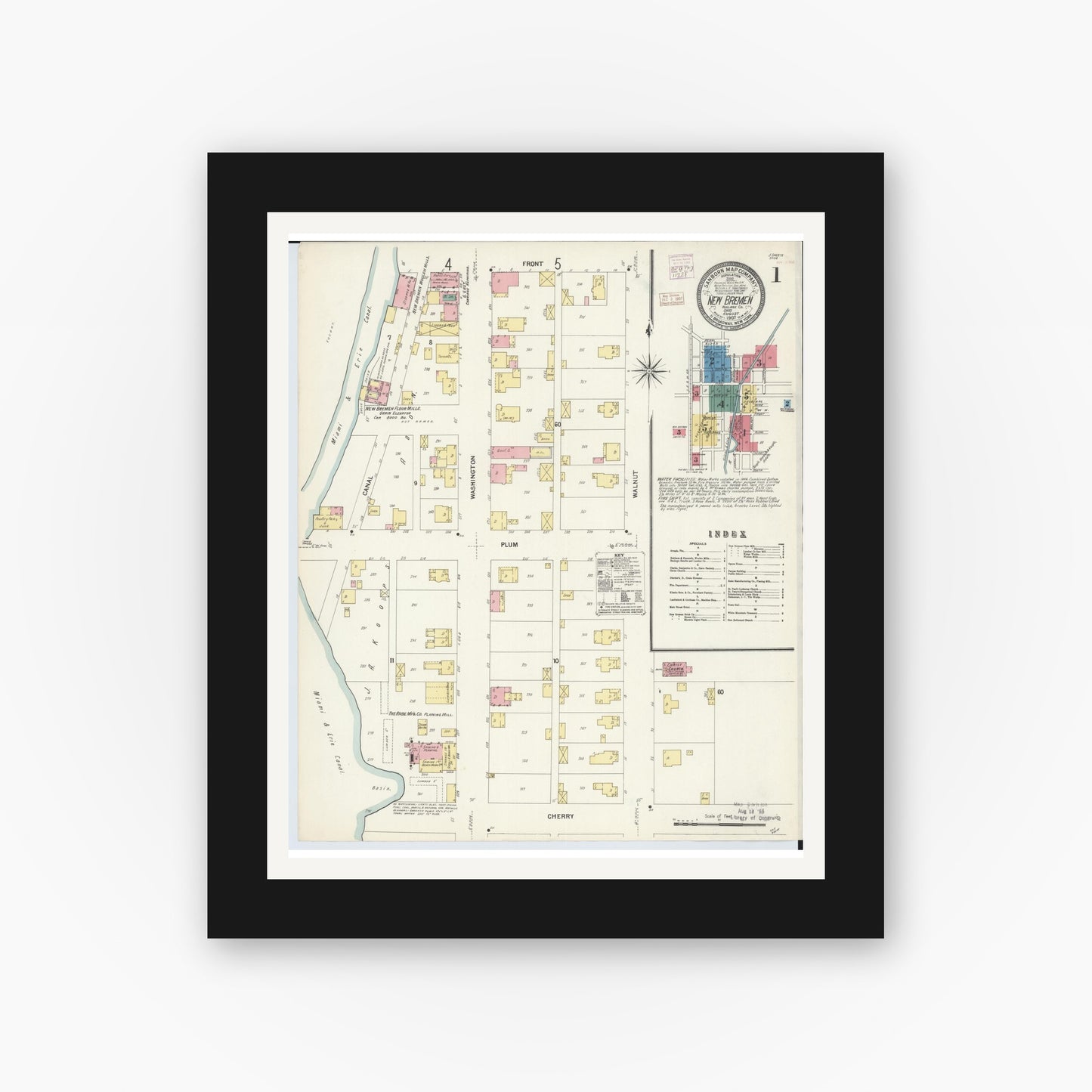 Old map wall art mockup — black gallery frame with white mat — Sanborn Fire Insurance Map from New Bremen, Auglaize County, Ohio (1907) - Complete Map Set
