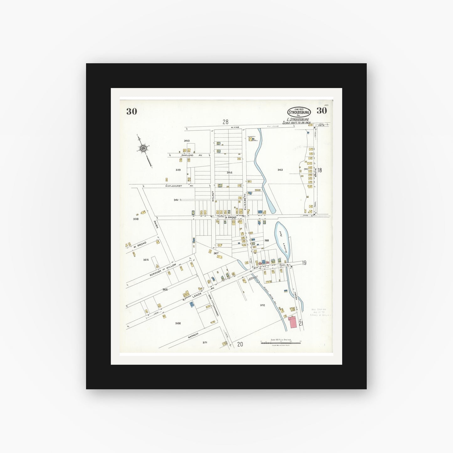 Old map wall art mockup — black gallery frame with white mat — Sanborn Fire Insurance Map from Stroudsburg, Monroe County, Pennsylvania (1923), Sheet #0030