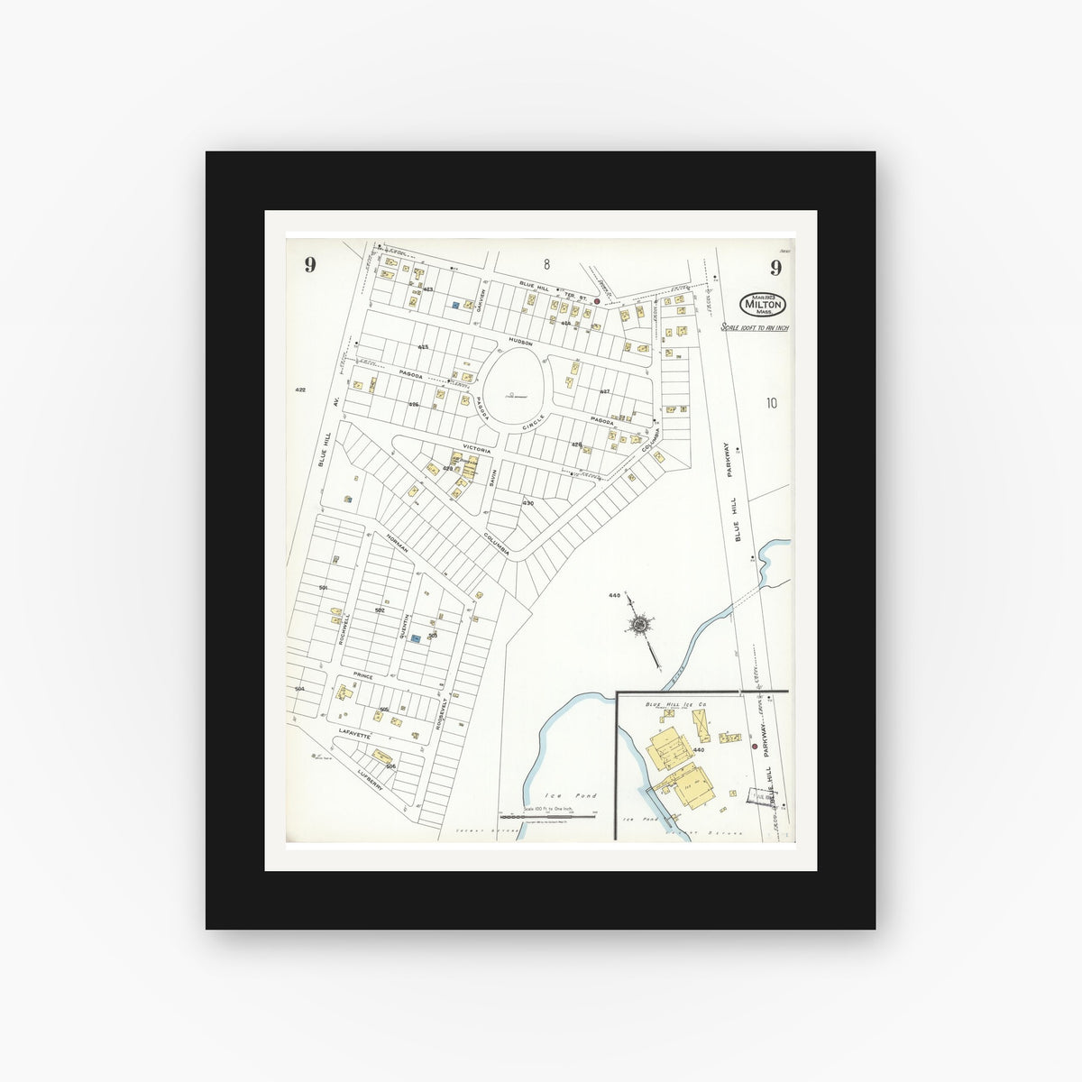 Old map wall art mockup — black gallery frame with white mat — Sanborn Fire Insurance Map from Milton, Norfolk County, Massachusetts (1923), Sheet #0009
