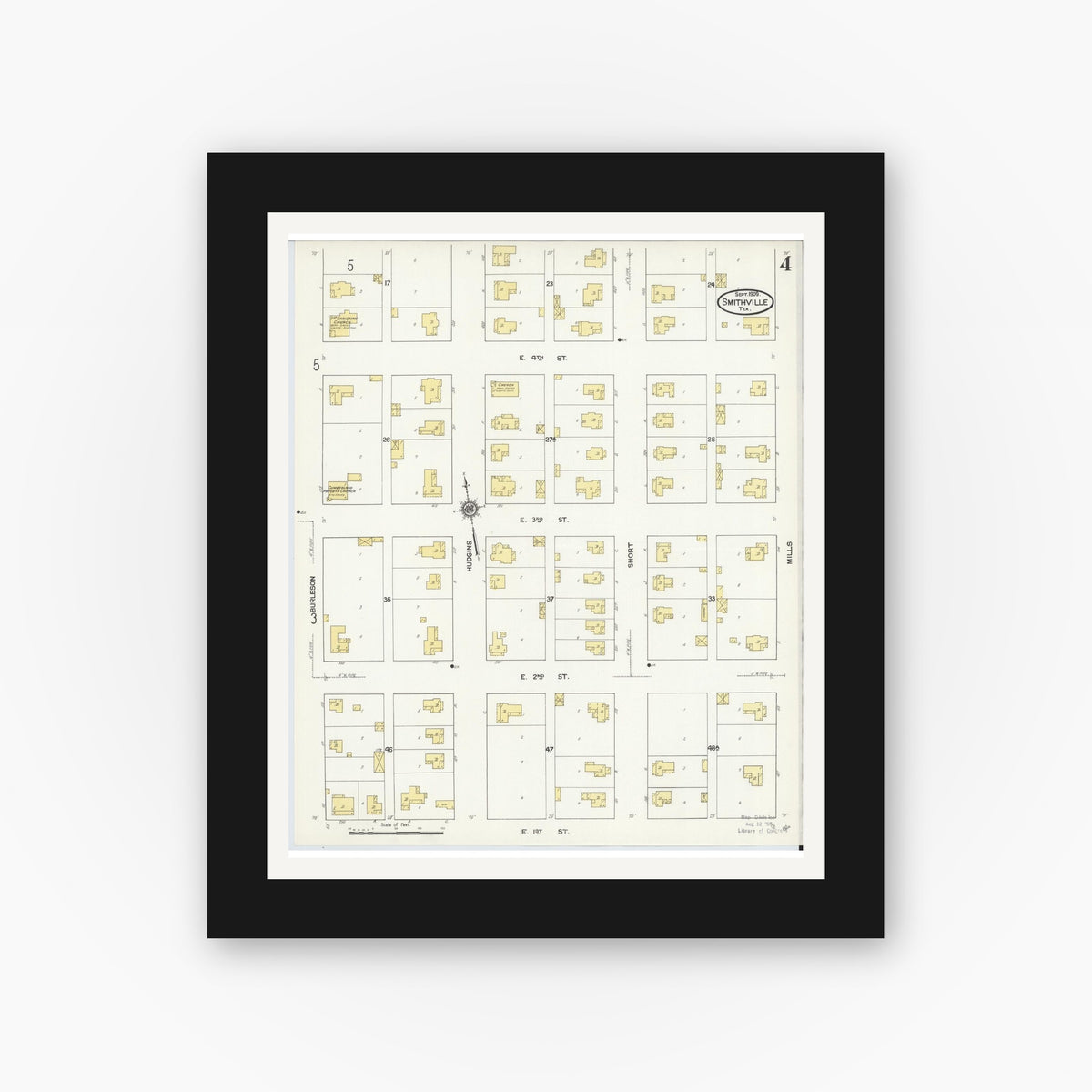 Old map wall art mockup — black gallery frame with white mat — Sanborn Fire Insurance Map from Smithville, Bastrop County, Texas (1909), Sheet #0004