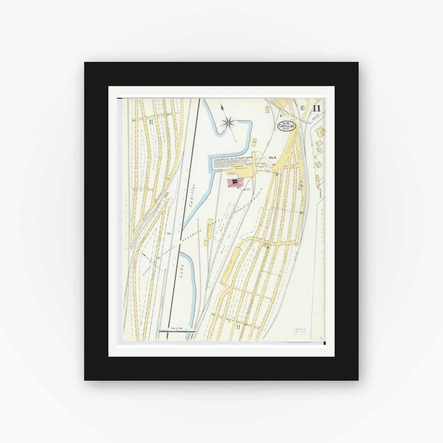 Old map wall art mockup — black gallery frame with white mat — Sanborn Fire Insurance Map from Cadillac, Wexford County, Michigan (1906), Sheet #0011