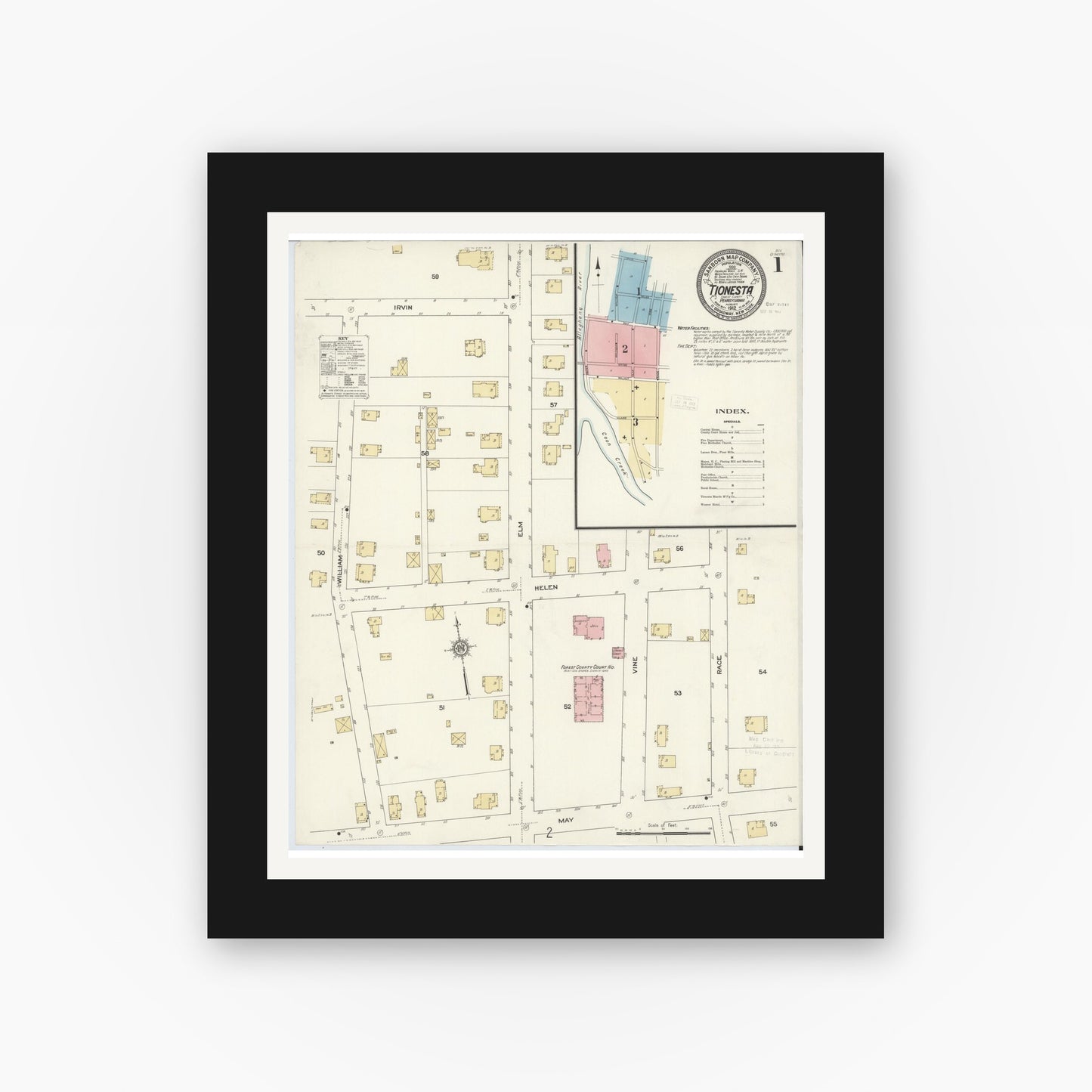 Old map wall art mockup — black gallery frame with white mat — Sanborn Fire Insurance Map from Tionesta, Forest County, Pennsylvania (1912), Sheet #0001