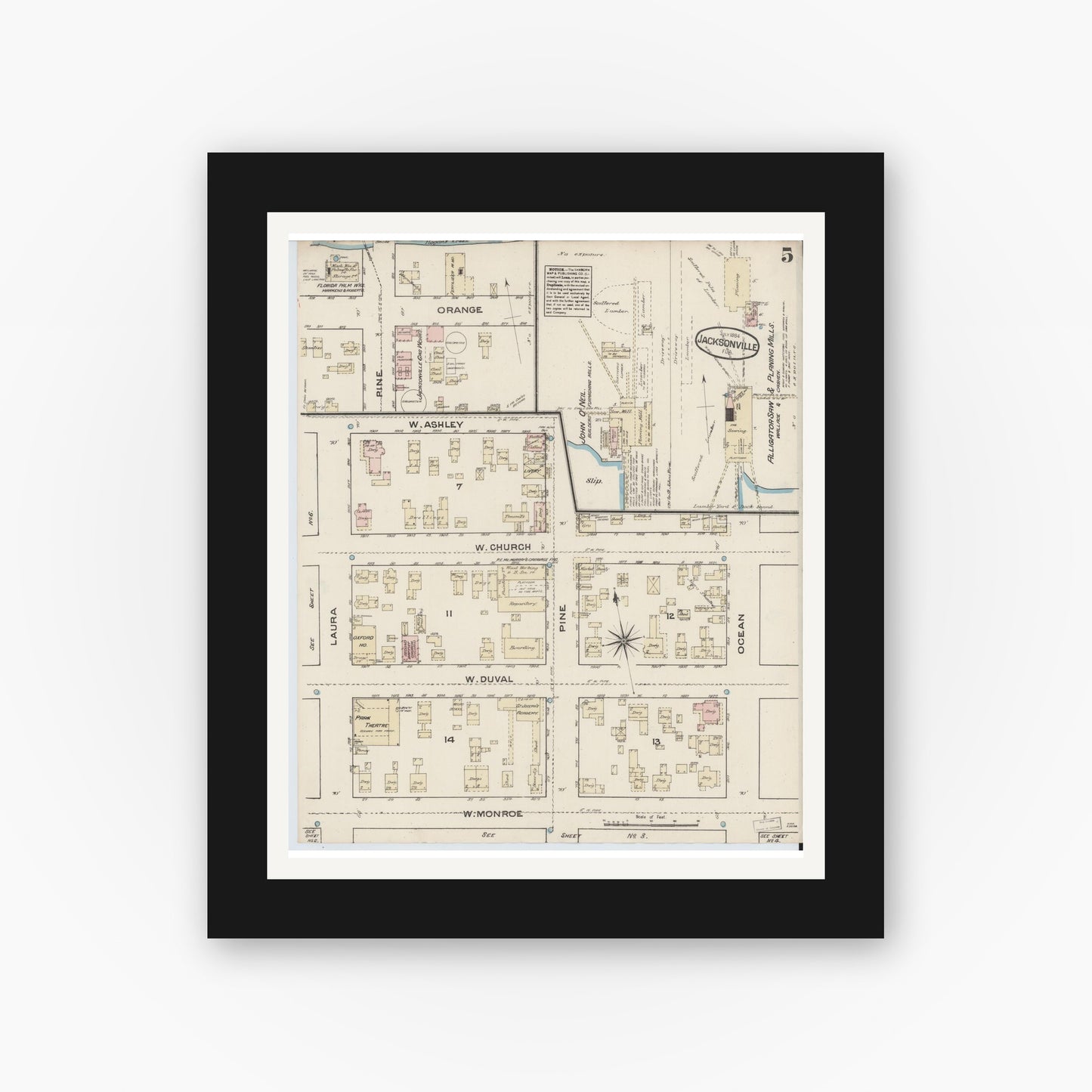 Old map wall art mockup — black gallery frame with white mat — Sanborn Fire Insurance Map from Jacksonville, Duval County, Florida (1884), Sheet #0005