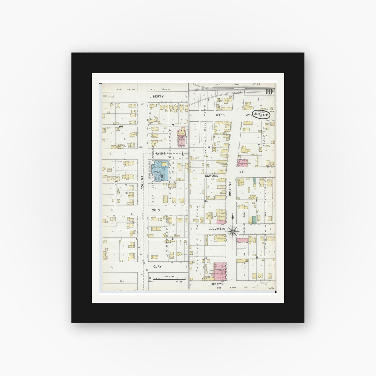 Old map wall art mockup — black gallery frame with white mat — Sanborn Fire Insurance Map from Joliet, Will County, Illinois (1891), Sheet #0019