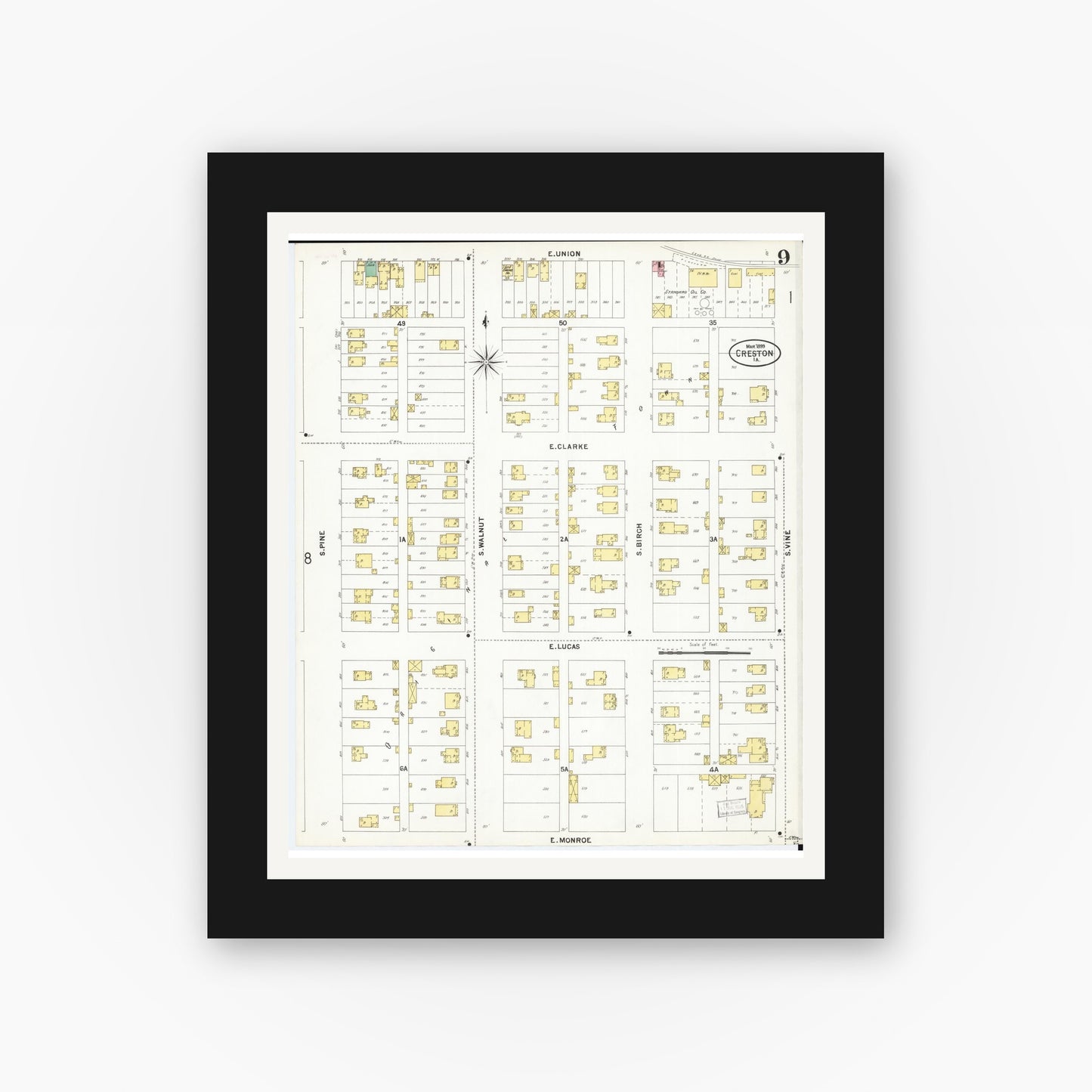 Old map wall art mockup — black gallery frame with white mat — Sanborn Fire Insurance Map from Creston, Union County, Iowa (1899), Sheet #0009
