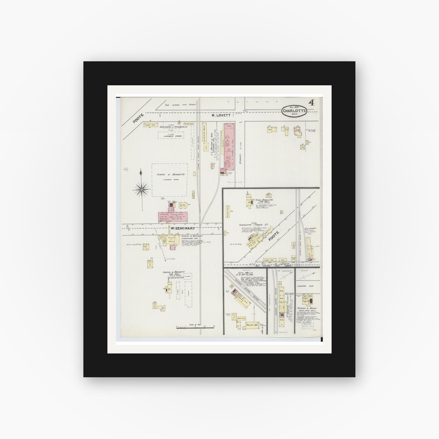 Old map wall art mockup — black gallery frame with white mat — Sanborn Fire Insurance Map from Charlotte, Eaton County, Michigan (1890), Sheet #0004