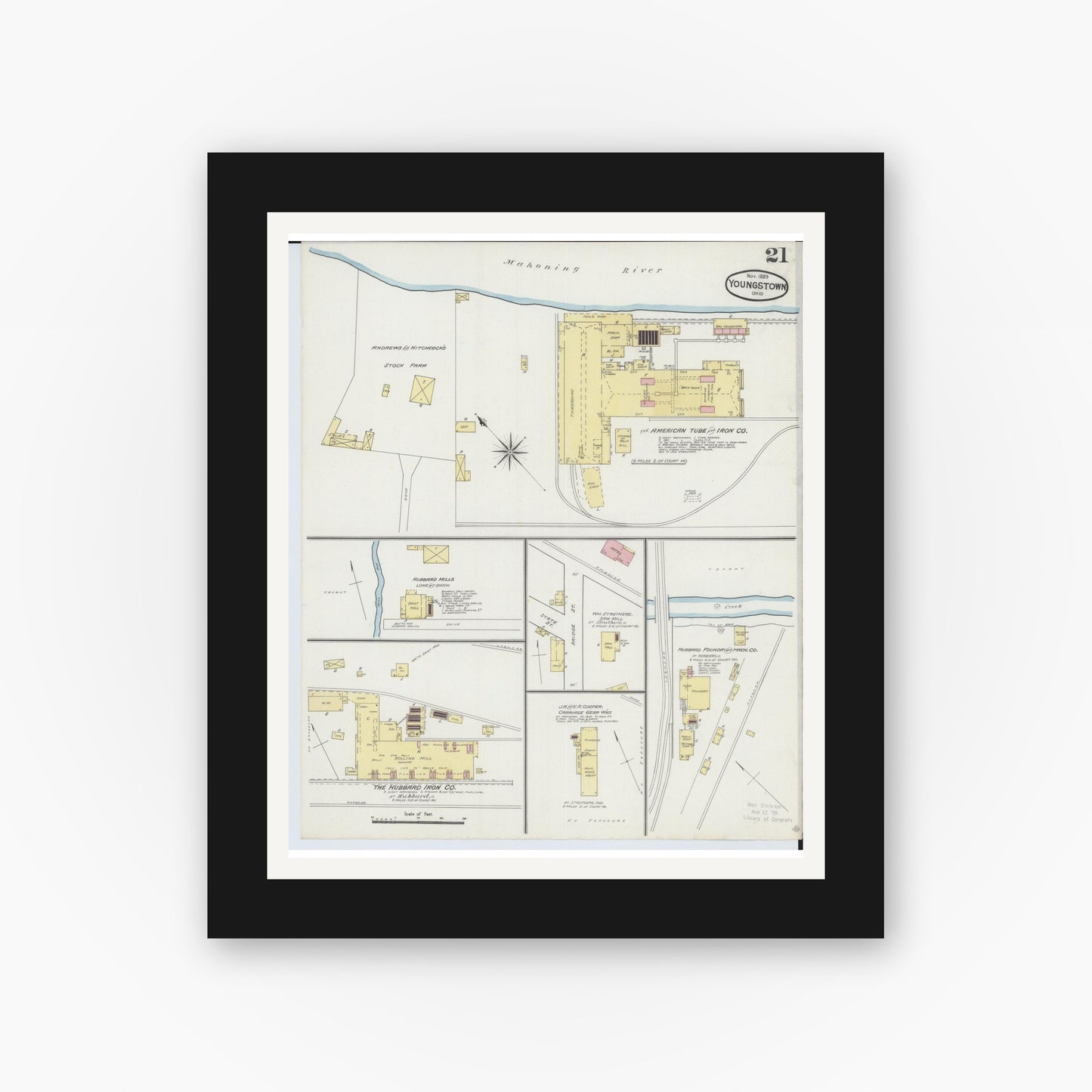 Old map wall art mockup — black gallery frame with white mat — Sanborn Fire Insurance Map from Youngstown, Mahoning County, Ohio (1889), Sheet #0021