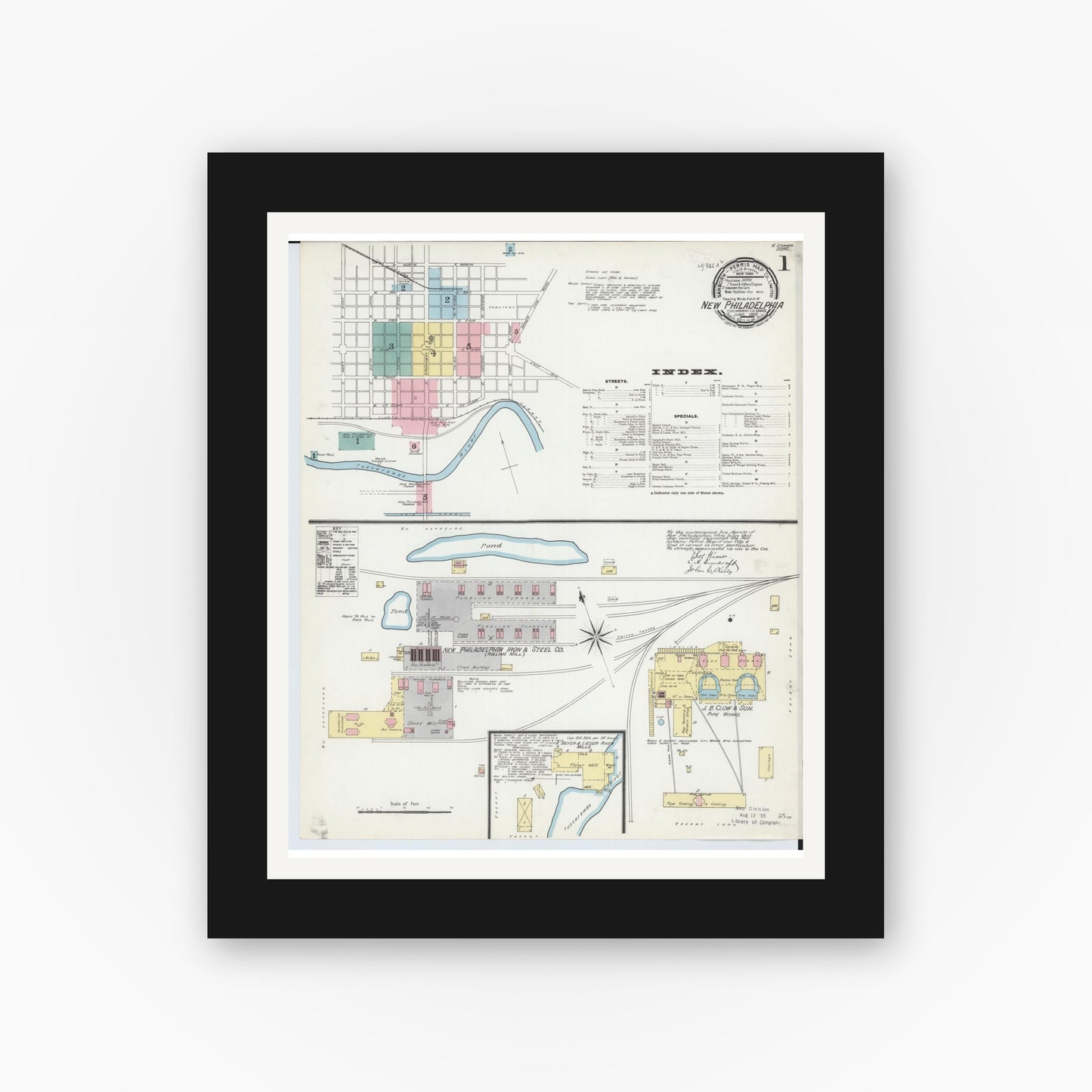 Old map wall art mockup — black gallery frame with white mat — Sanborn Fire Insurance Map from New Philadelphia, Tuscarawas County, Ohio (1892), Sheet #0001