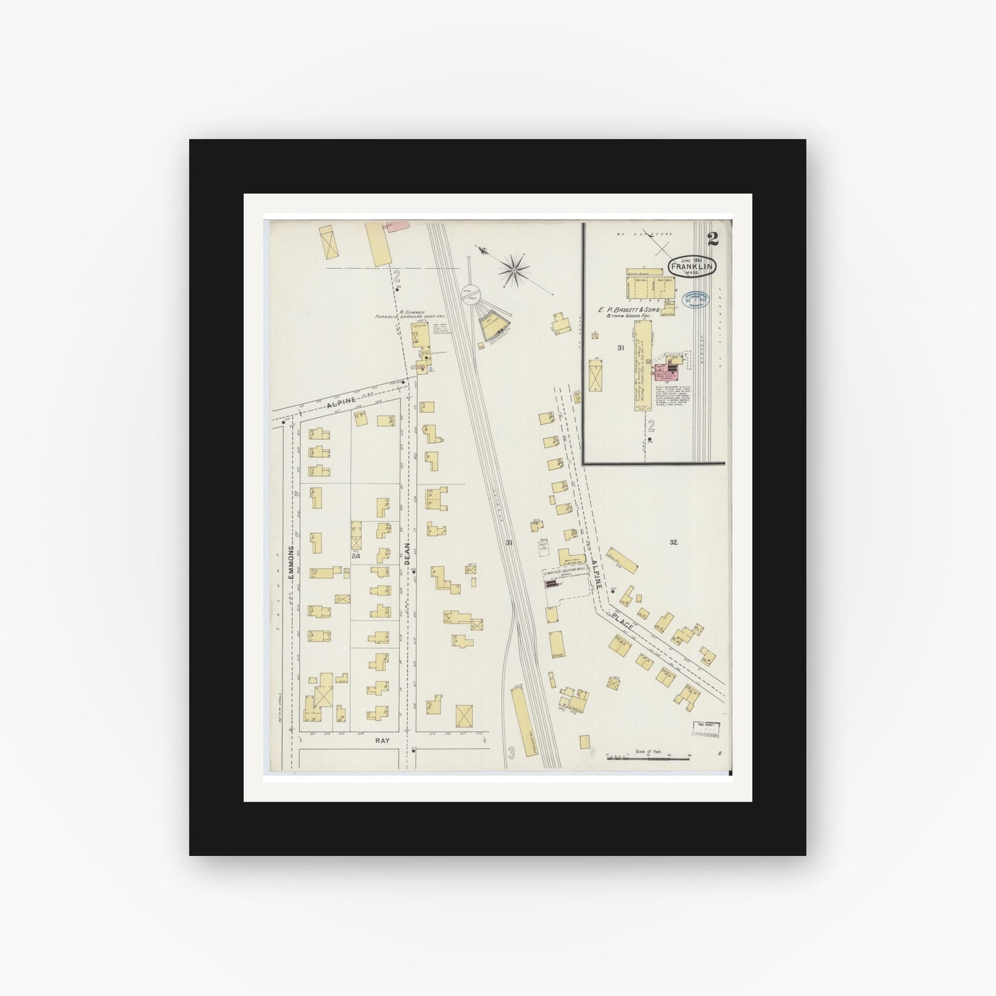 Old map wall art mockup — black gallery frame with white mat — Sanborn Fire Insurance Map from Franklin, Norfolk County, Massachusetts (1894), Sheet #0002