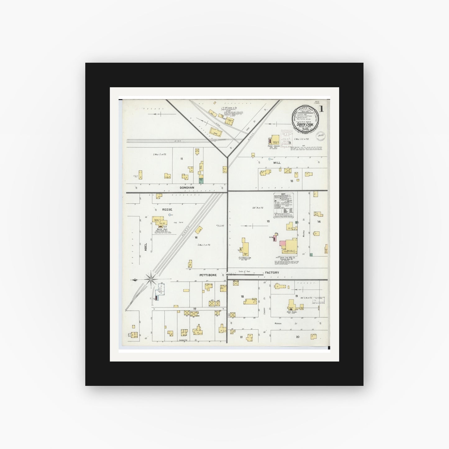 Old map wall art mockup — black gallery frame with white mat — Sanborn Fire Insurance Map from South Lyon, Oakland County, Michigan (1899) - Complete Map Set