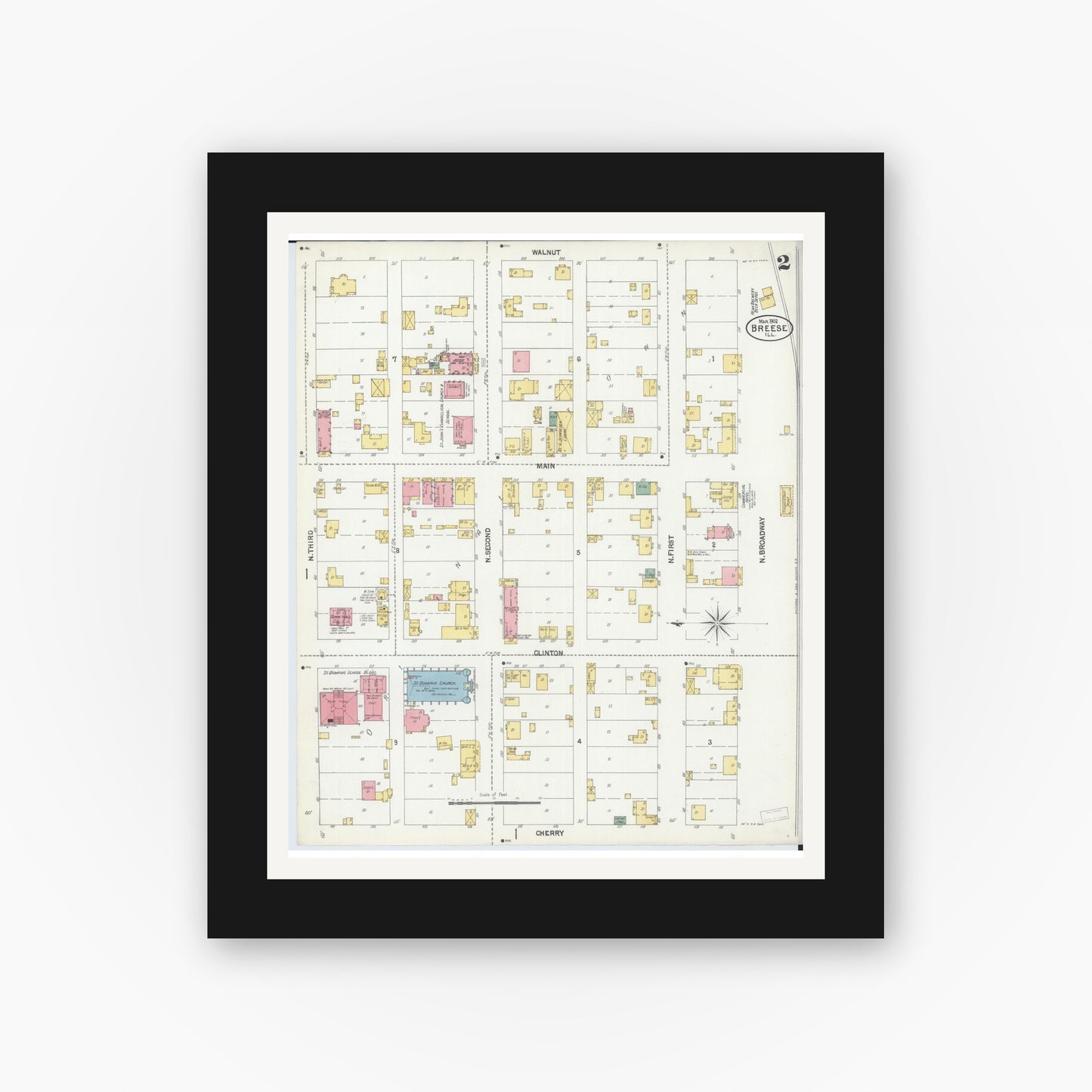 Old map wall art mockup — black gallery frame with white mat — Sanborn Fire Insurance Map from Breese, Clinton County, Illinois (1902), Sheet #0002