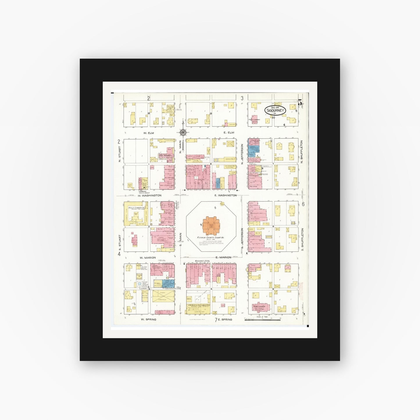 Old map wall art mockup β black gallery frame with white mat β Sanborn Fire Insurance Map from Sigourney, Kiokuk County, Iowa (1916), Sheet #0005