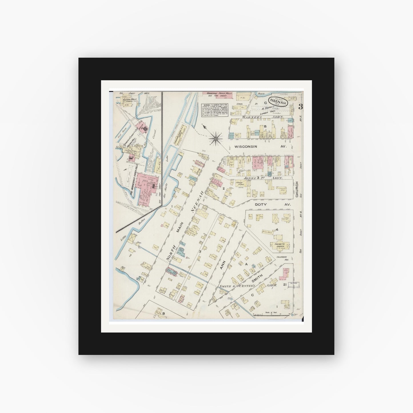Old map wall art mockup — black gallery frame with white mat — Sanborn Fire Insurance Map from Neenah, Winnebago County, Wisconsin (1884), Sheet #0003