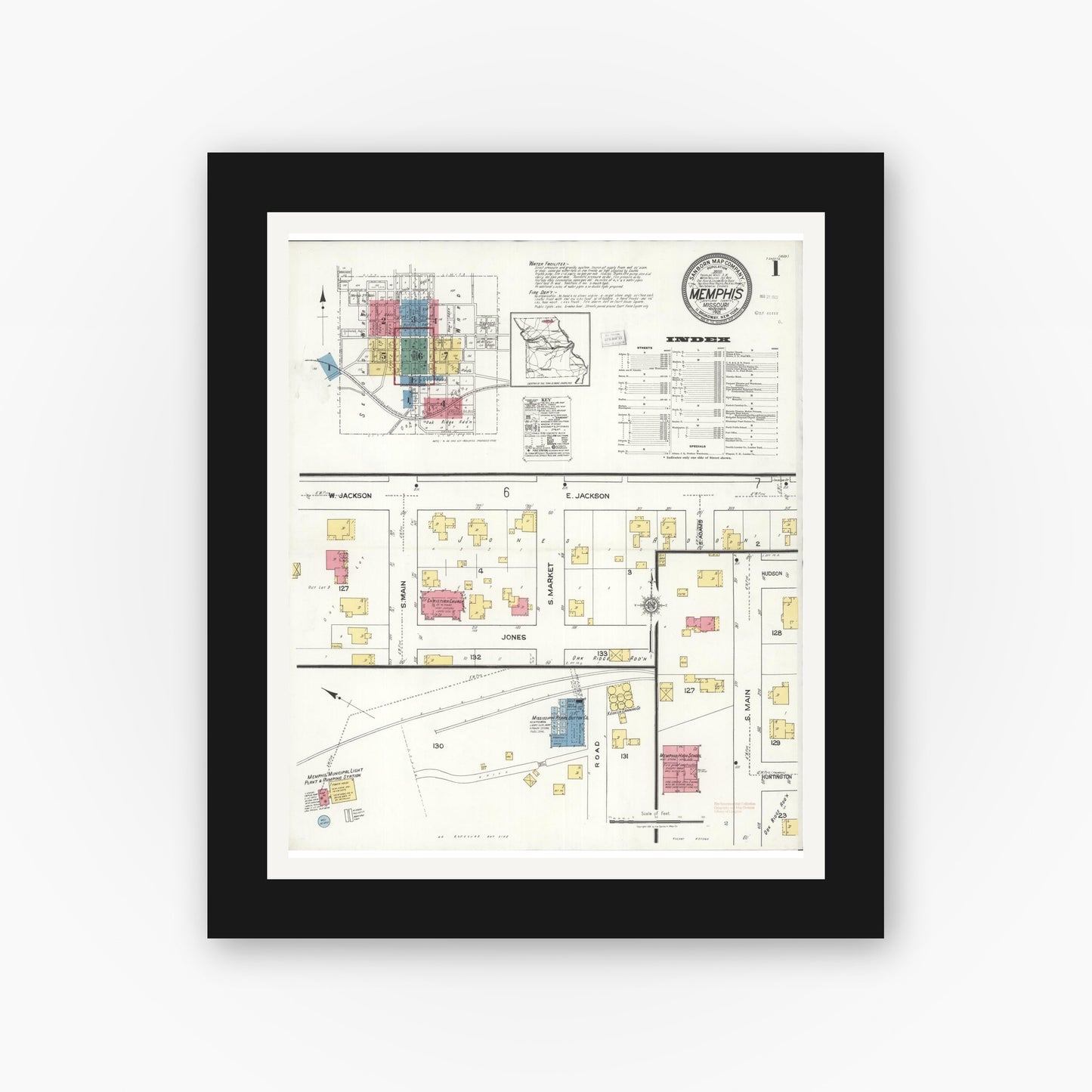 Old map wall art mockup — black gallery frame with white mat — Sanborn Fire Insurance Map from Memphis, Scotland County, Missouri (1921), Sheet #0001
