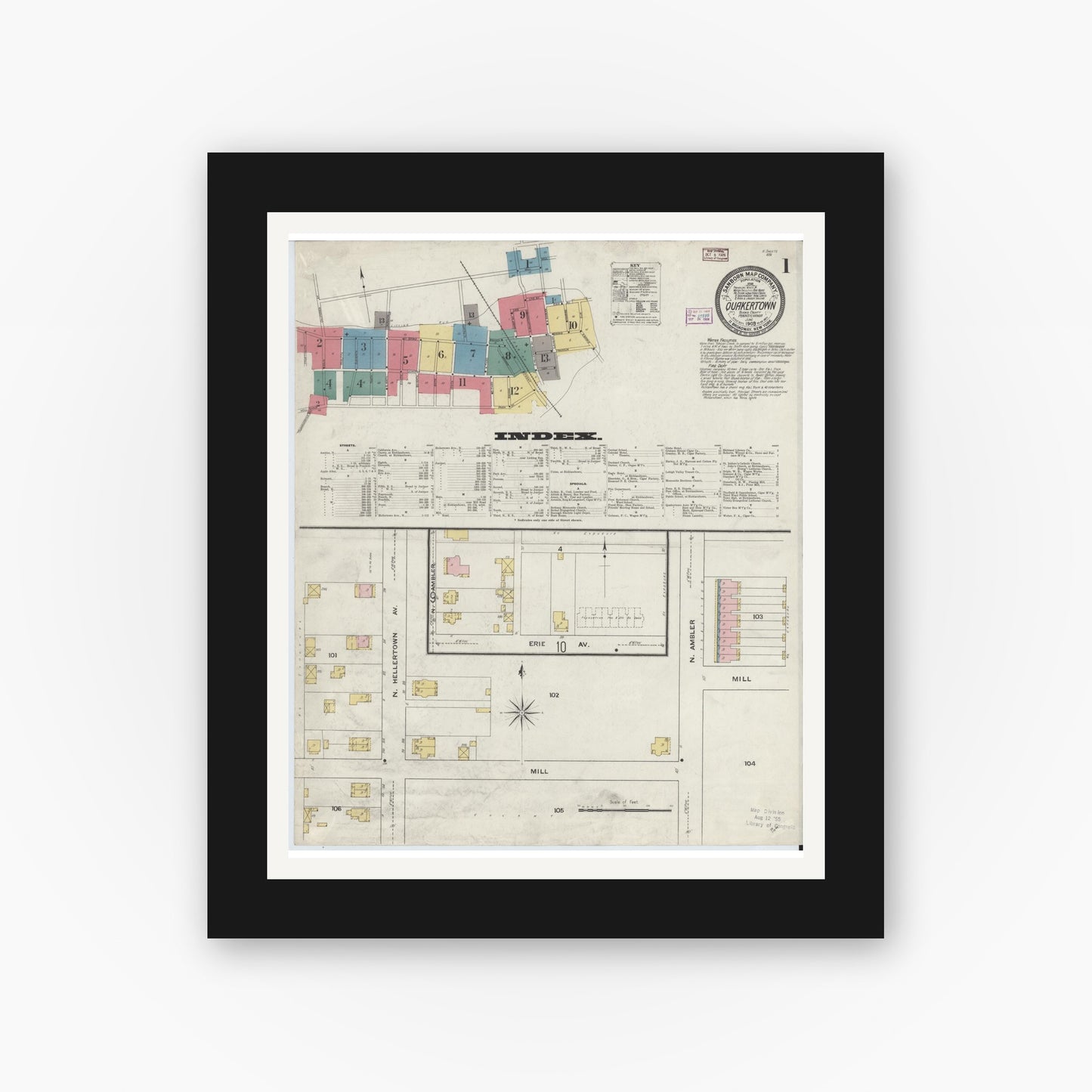 Old map wall art mockup — black gallery frame with white mat — Sanborn Fire Insurance Map from Quakertown, Bucks County, Pennsylvania (1909), Sheet #0001