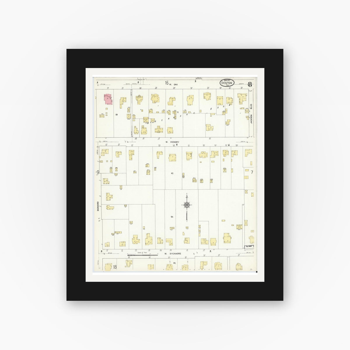 Old map wall art mockup — black gallery frame with white mat — Sanborn Fire Insurance Map from Denton, Denton County, Texas (1912), Sheet #0008