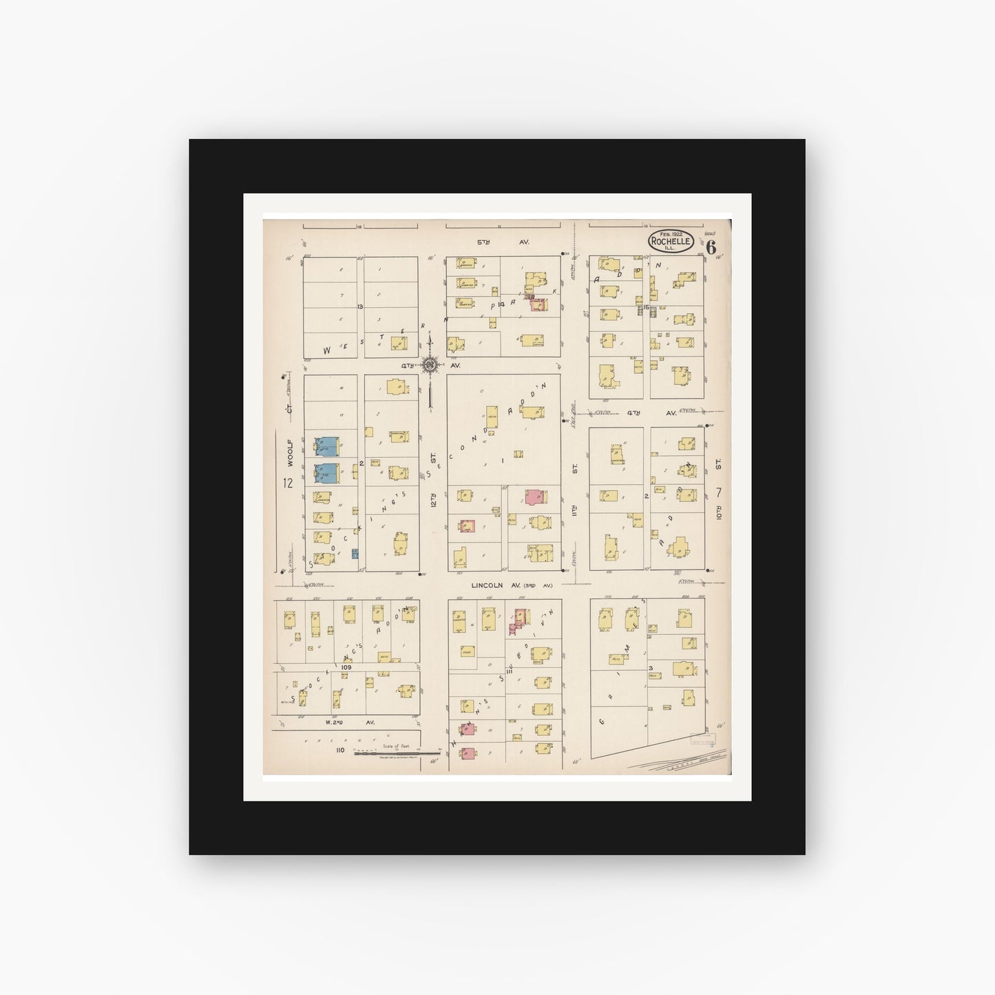 Old map wall art mockup — black gallery frame with white mat — Sanborn Fire Insurance Map from Rochelle, Ogle County, Illinois (1922), Sheet #0006