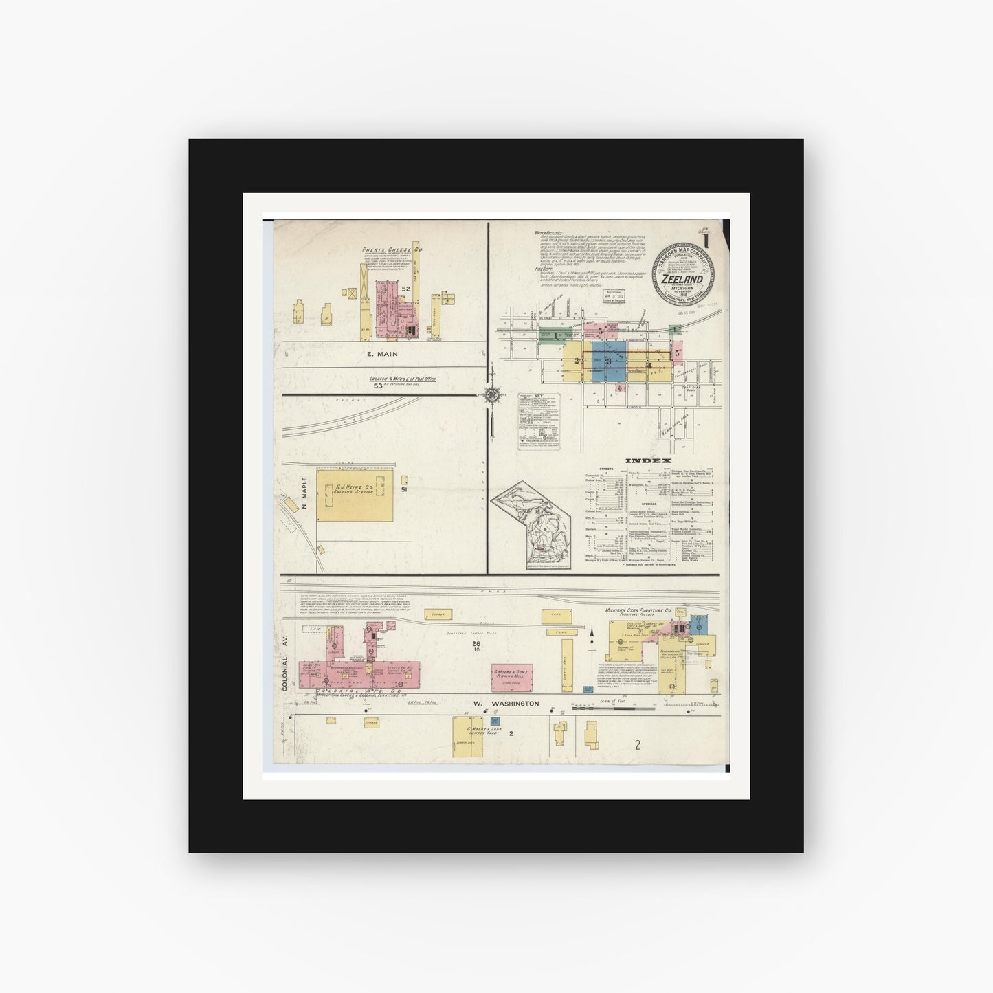 Old map wall art mockup — black gallery frame with white mat — Sanborn Fire Insurance Map from Zeeland, Ottawa County, Michigan (1916), Sheet #0001