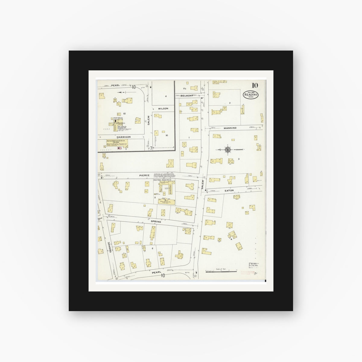 Old map wall art mockup — black gallery frame with white mat — Sanborn Fire Insurance Map from Reading, Middlesex County, Massachusetts (1909), Sheet #0010