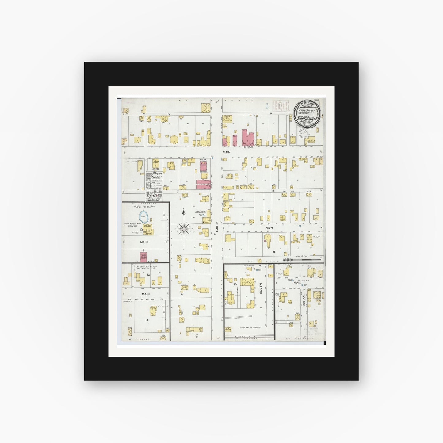 Old map wall art mockup — black gallery frame with white mat — Sanborn Fire Insurance Map from Martinsville, Clinton County, Ohio (1900), Sheet #0001