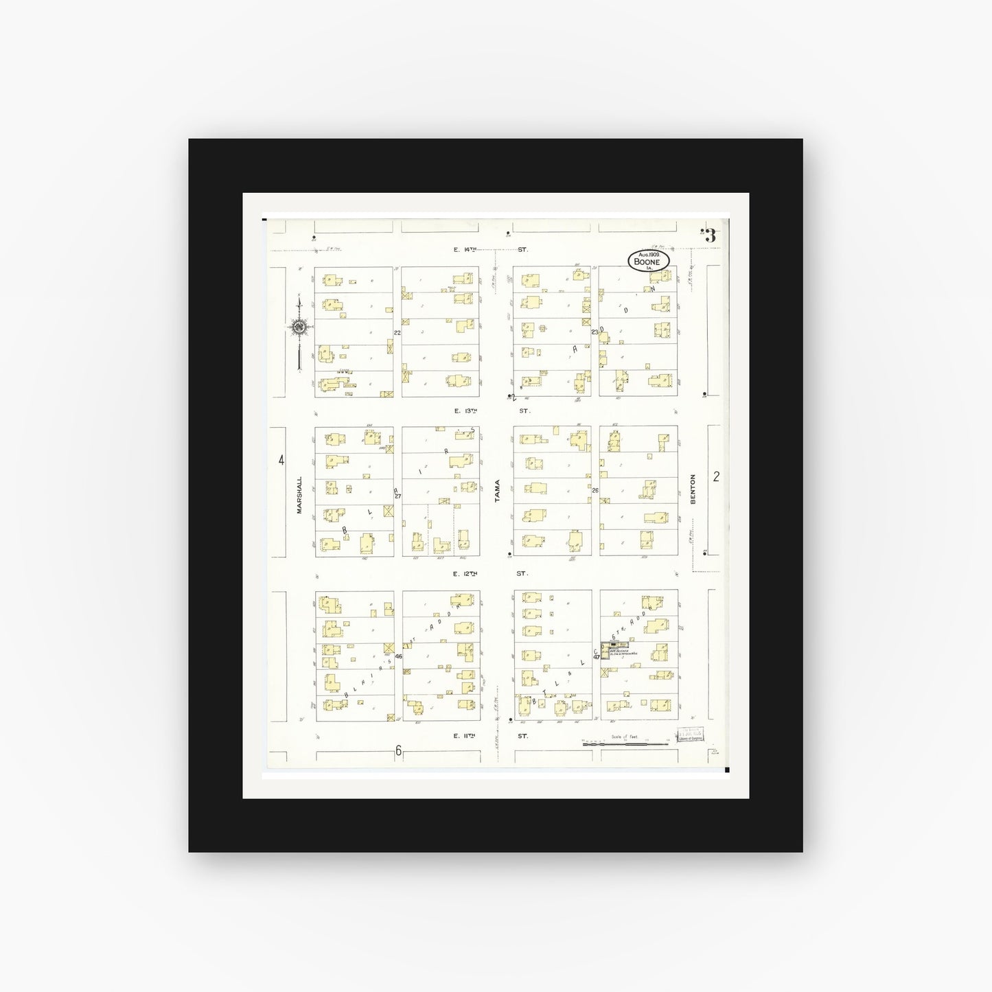 Old map wall art mockup — black gallery frame with white mat — Sanborn Fire Insurance Map from Boone, Boone County, Iowa (1909), Sheet #0003
