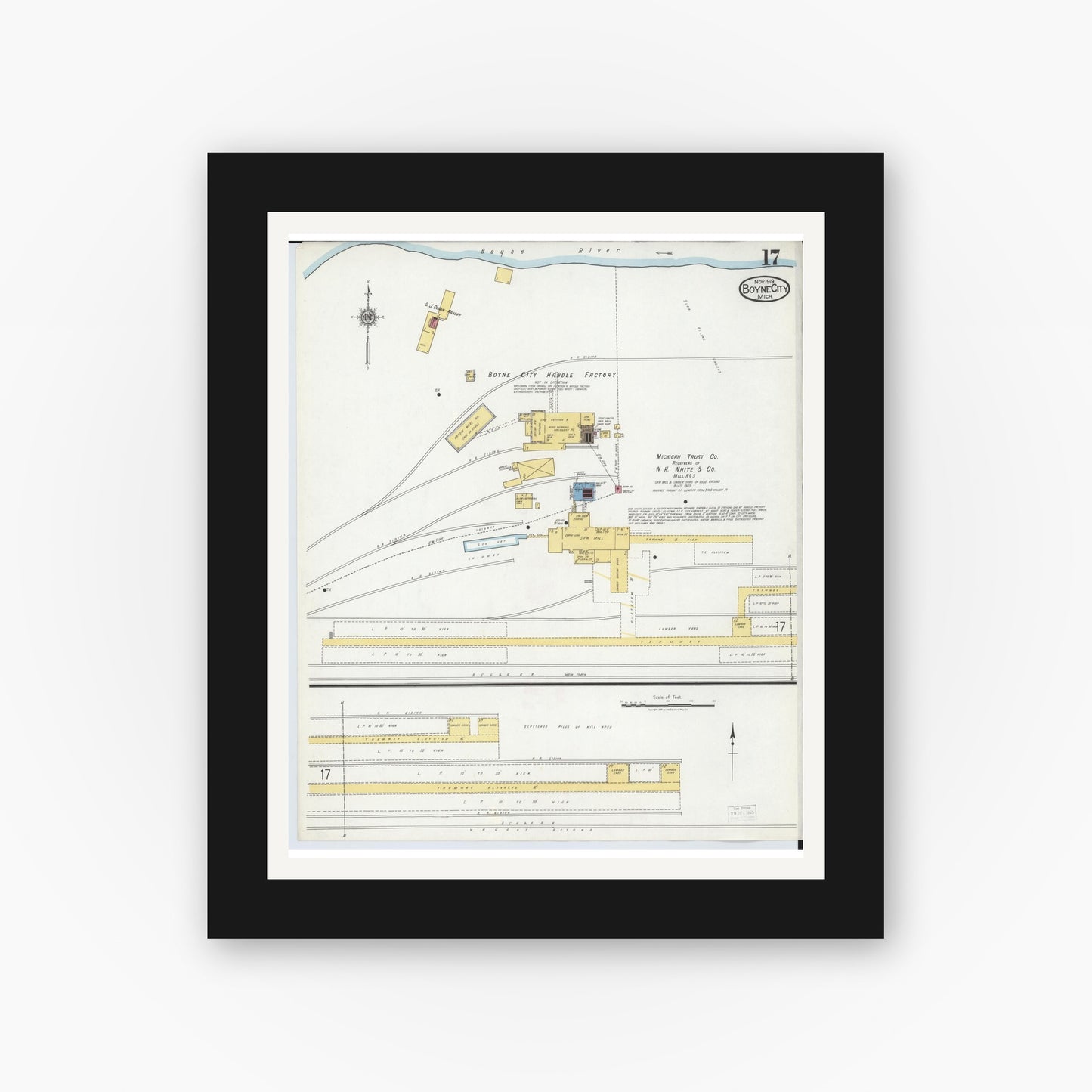 Old map wall art mockup — black gallery frame with white mat — Sanborn Fire Insurance Map from Boyne City, Charlevoix County, Michigan (1919), Sheet #0017