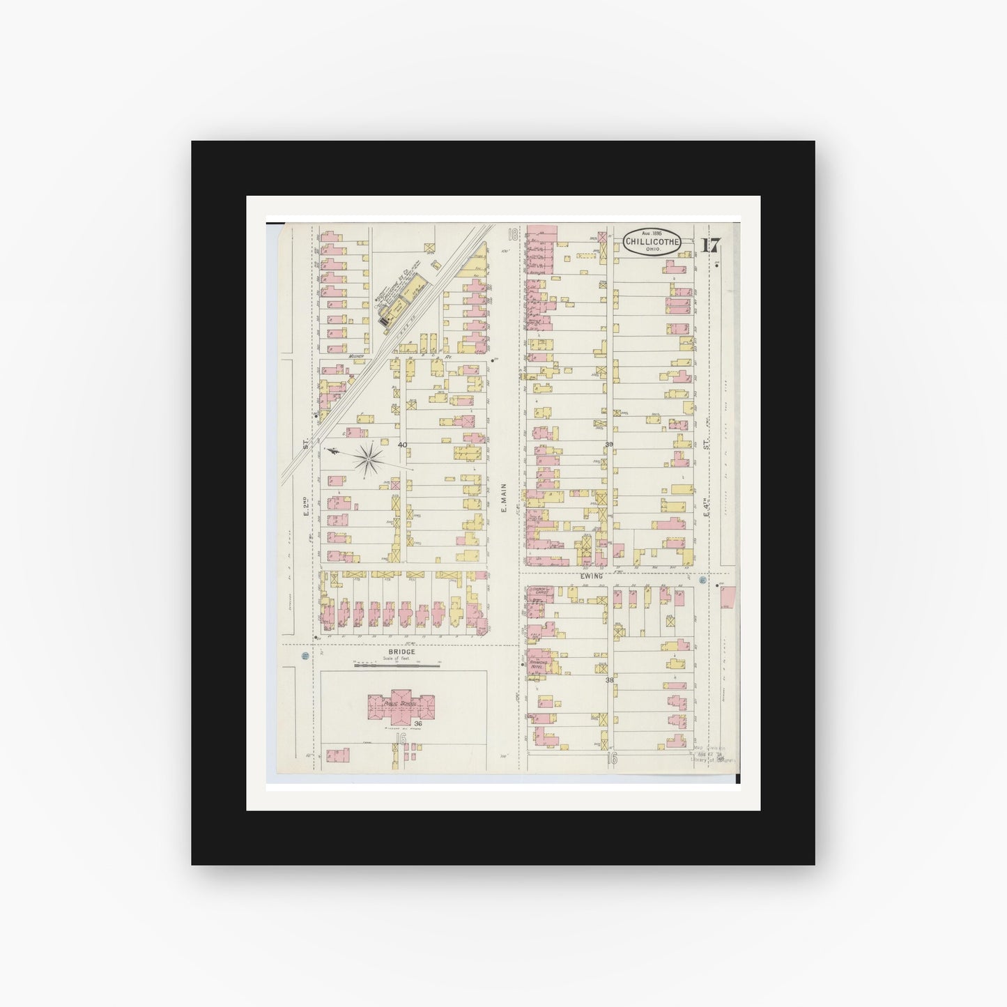 Old map wall art mockup — black gallery frame with white mat — Sanborn Fire Insurance Map from Chillicothe, Ross County, Ohio (1895), Sheet #0017