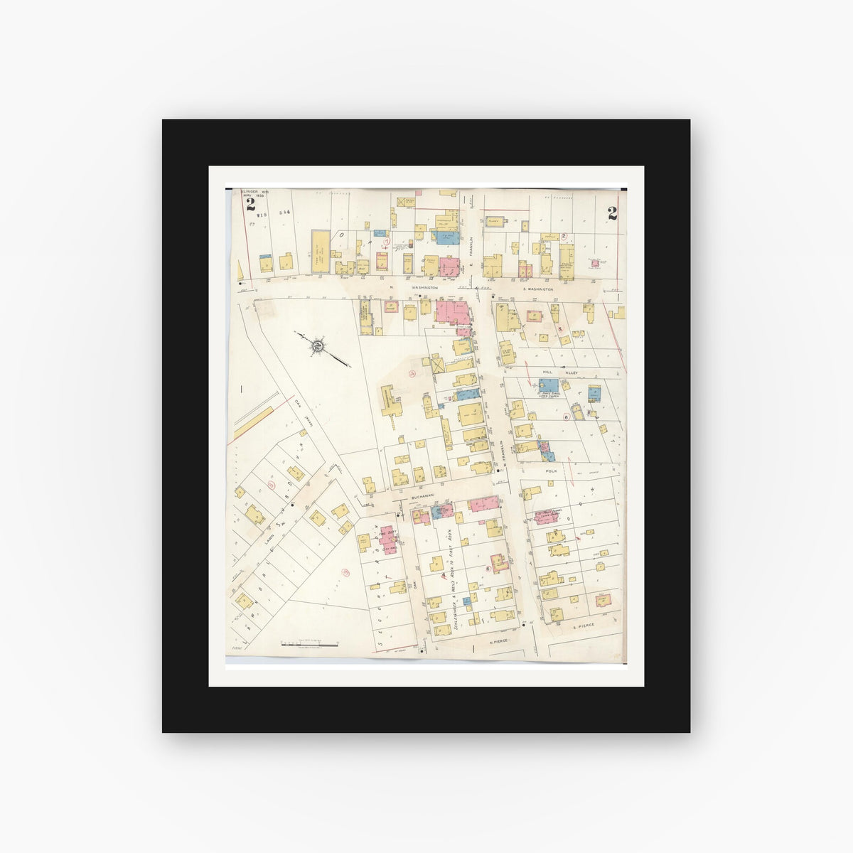 Old map wall art mockup — black gallery frame with white mat — Sanborn Fire Insurance Map from Slinger, Washington County, Wisconsin (1944), Sheet #0002
